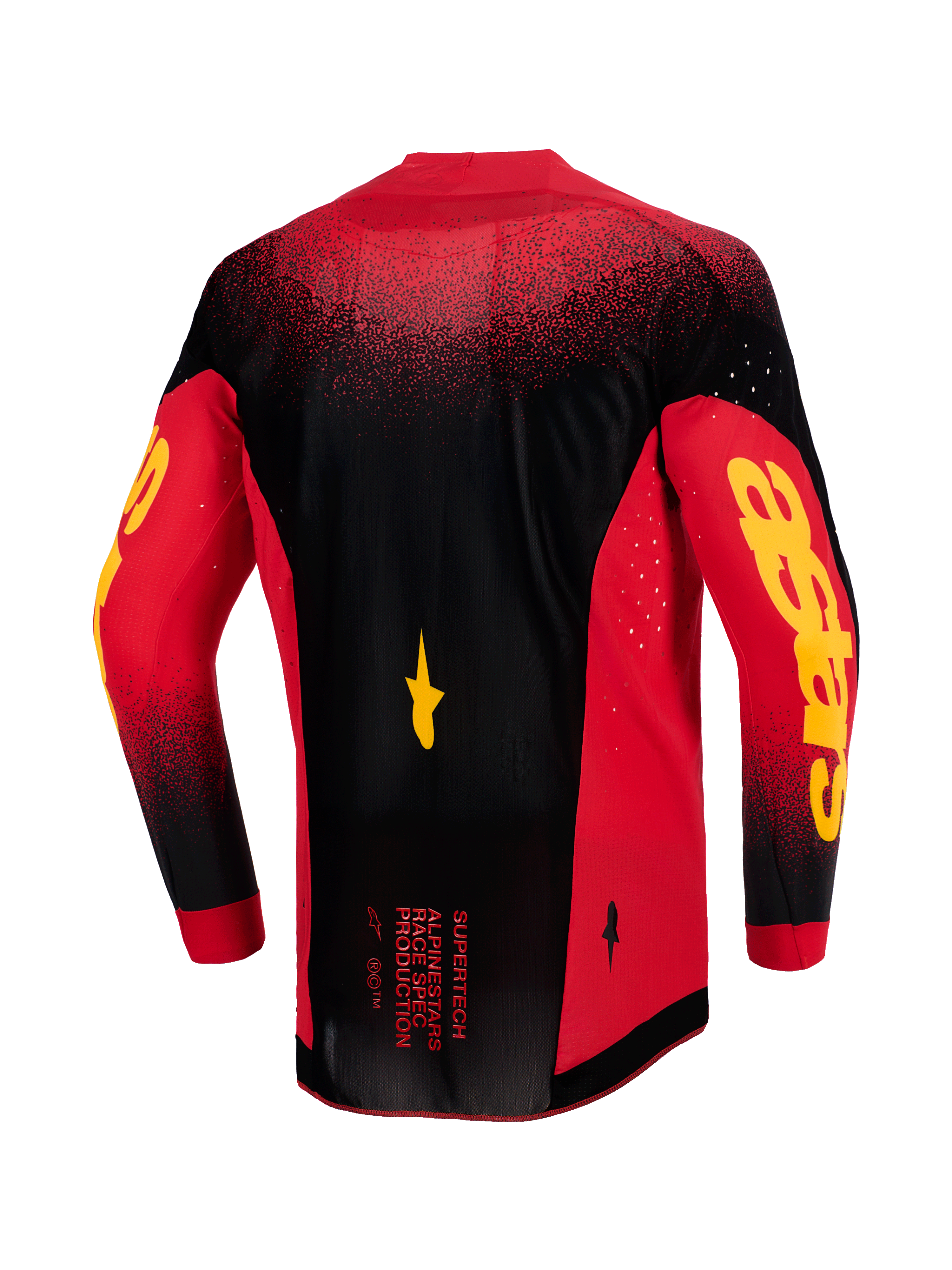 Camisola Alpinestars 2026 Supertech Scenz, vista traseira, vermelha, preta e amarela, camisola de motocross profissional com malha elástica leve, ventilação cortada a laser, logótipos Astars amarelos destacados nas mangas e bainha traseira alongada para performance em corrida