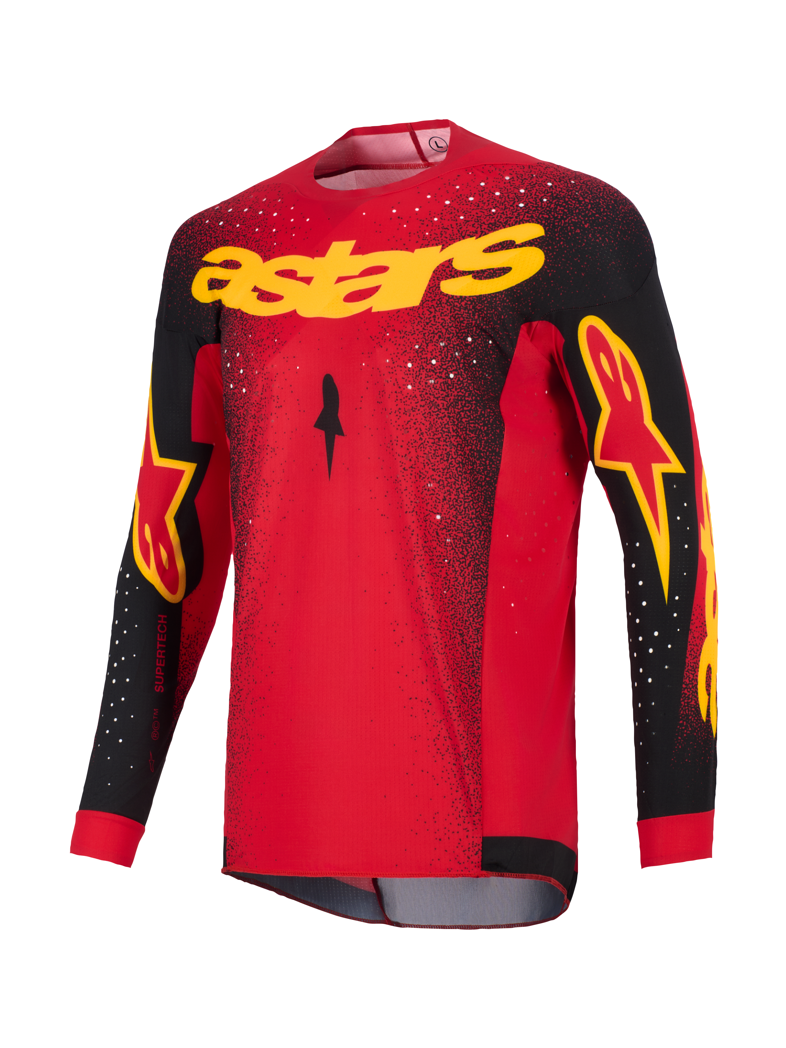 Alpinestars 2026 Supertech Scenz Jersey, camisola de motocross, vermelha, preta e amarela, com a marca 'astars' amarela no peito, mangas pretas com detalhes do logótipo e padrão salpicado branco nos ombros e na parte superior do corpo