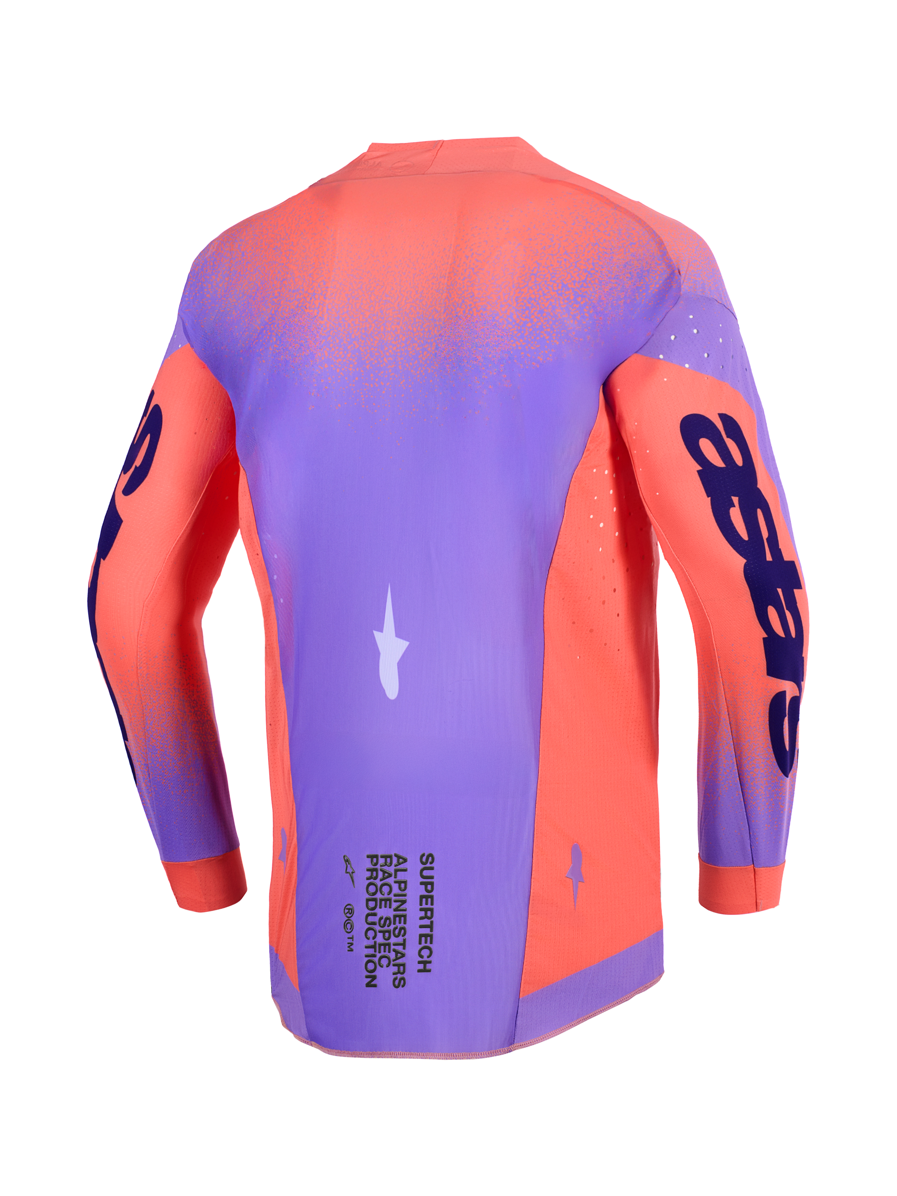 Alpinestars Camisola Supertech Scenz 2026, camisola de motocross, Hot Coral e roxo, vista traseira com estrutura de malha elástica leve, perfurações cortadas a laser para ventilação e logótipos proeminentes nas mangas e na parte inferior das costas.