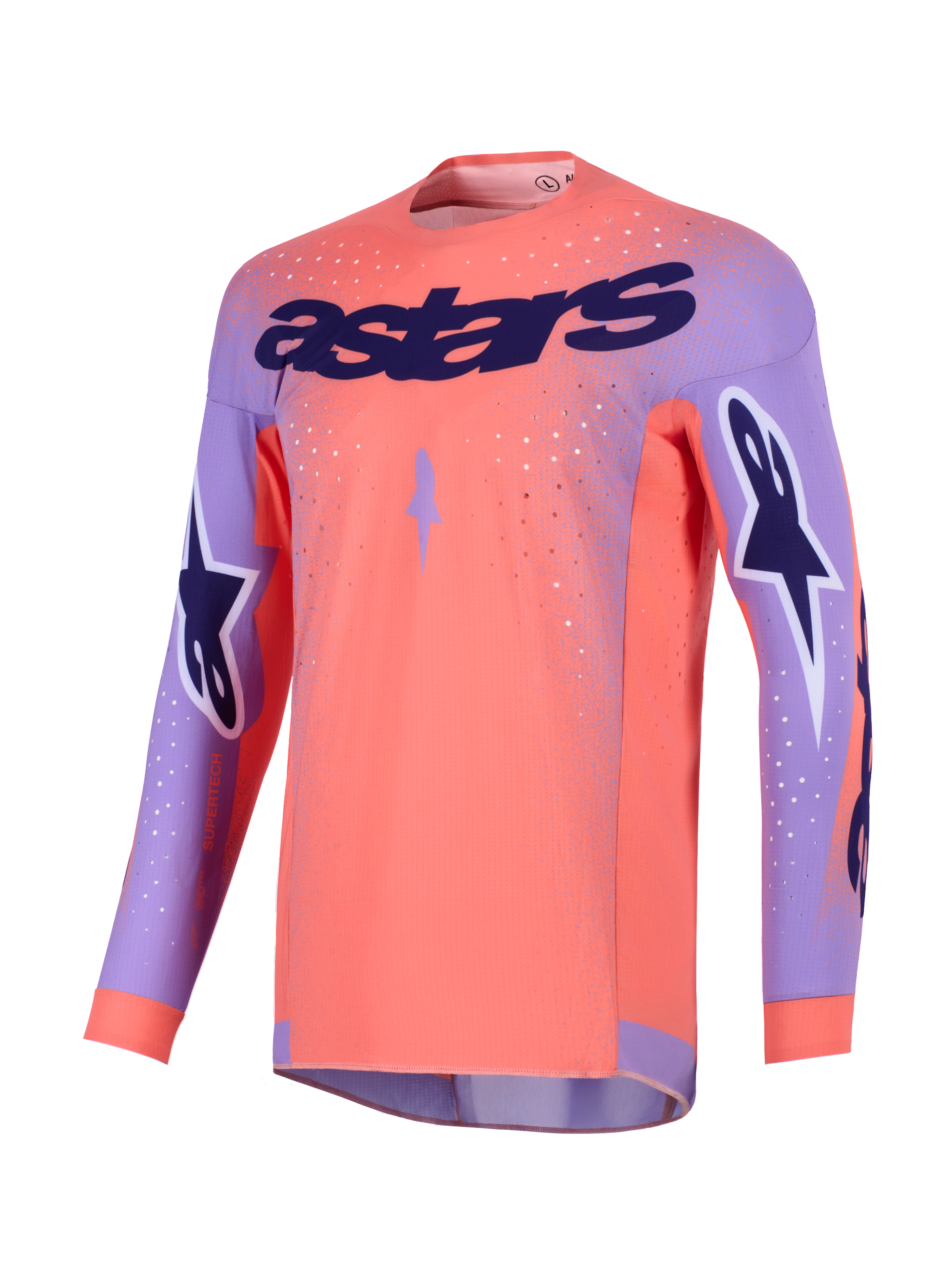 Alpinestars 2026 Supertech Scenz Jersey, camisola de motocross, coral vibrante e roxo, com marca 'astars' roxa no peito, logótipos de estrela nas mangas e painéis de malha perfurada para alta performance em todo-o-terreno
