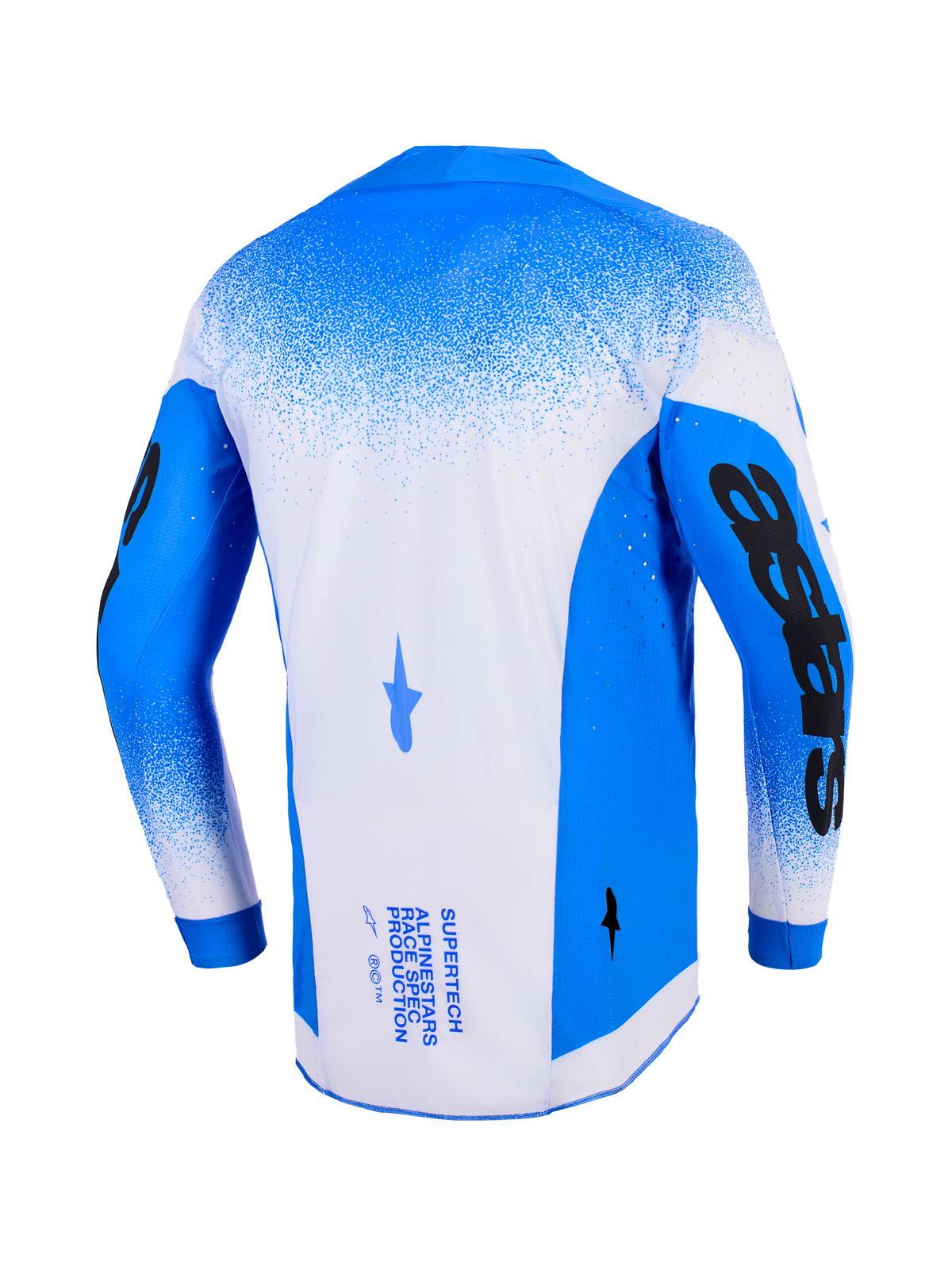 Alpinestars 2026 Supertech Scenz Jersey, back view, Ucla Blue and White, professional motocross jersey with mesh construction and laser-cut perforations, featuring bold black sleeve graphics and technical branding on the back.