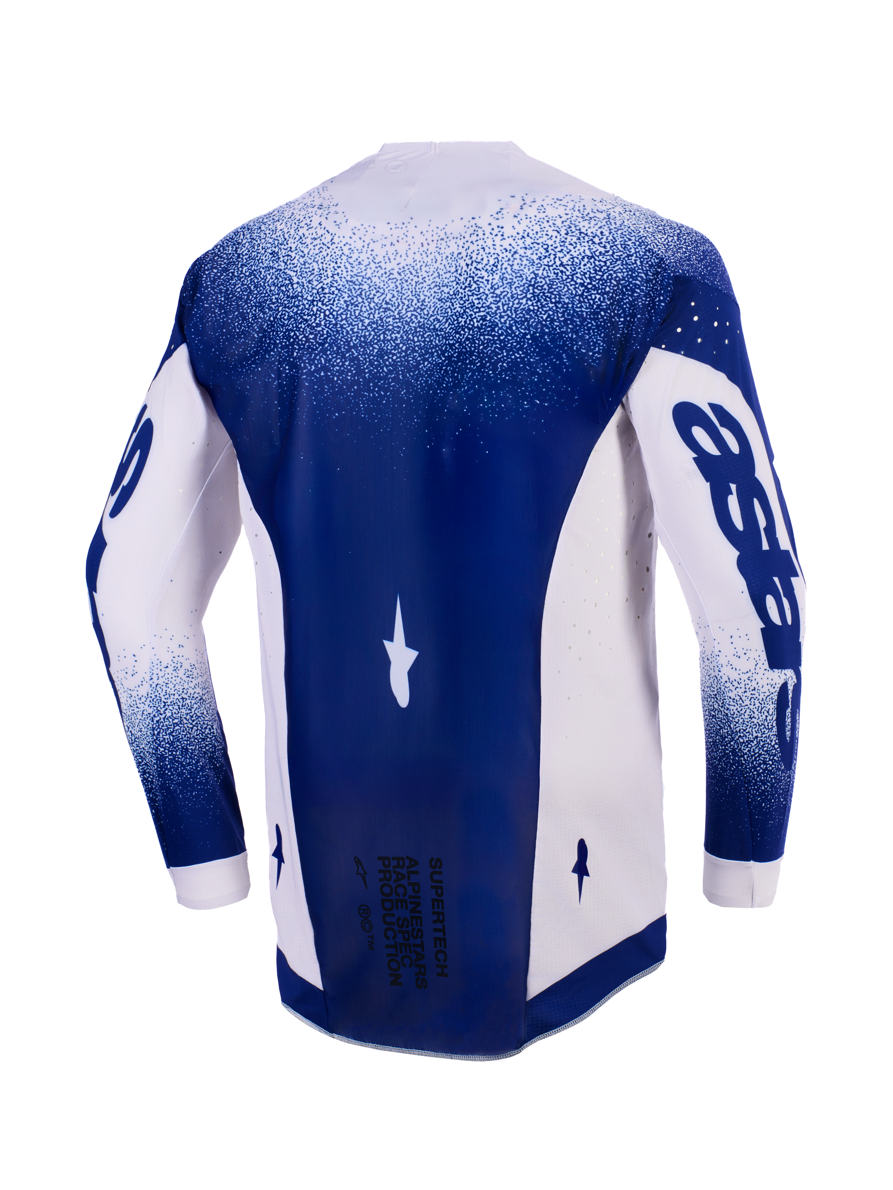 Camisola Alpinestars 2026 Supertech Scenz, vista traseira, cinzento claro e azul escuro, camisola de motocross profissional com perfurações cortadas a laser nos painéis laterais, painel central azul escuro com o texto 'Race Spec' na parte inferior, corte atlético de corrida
