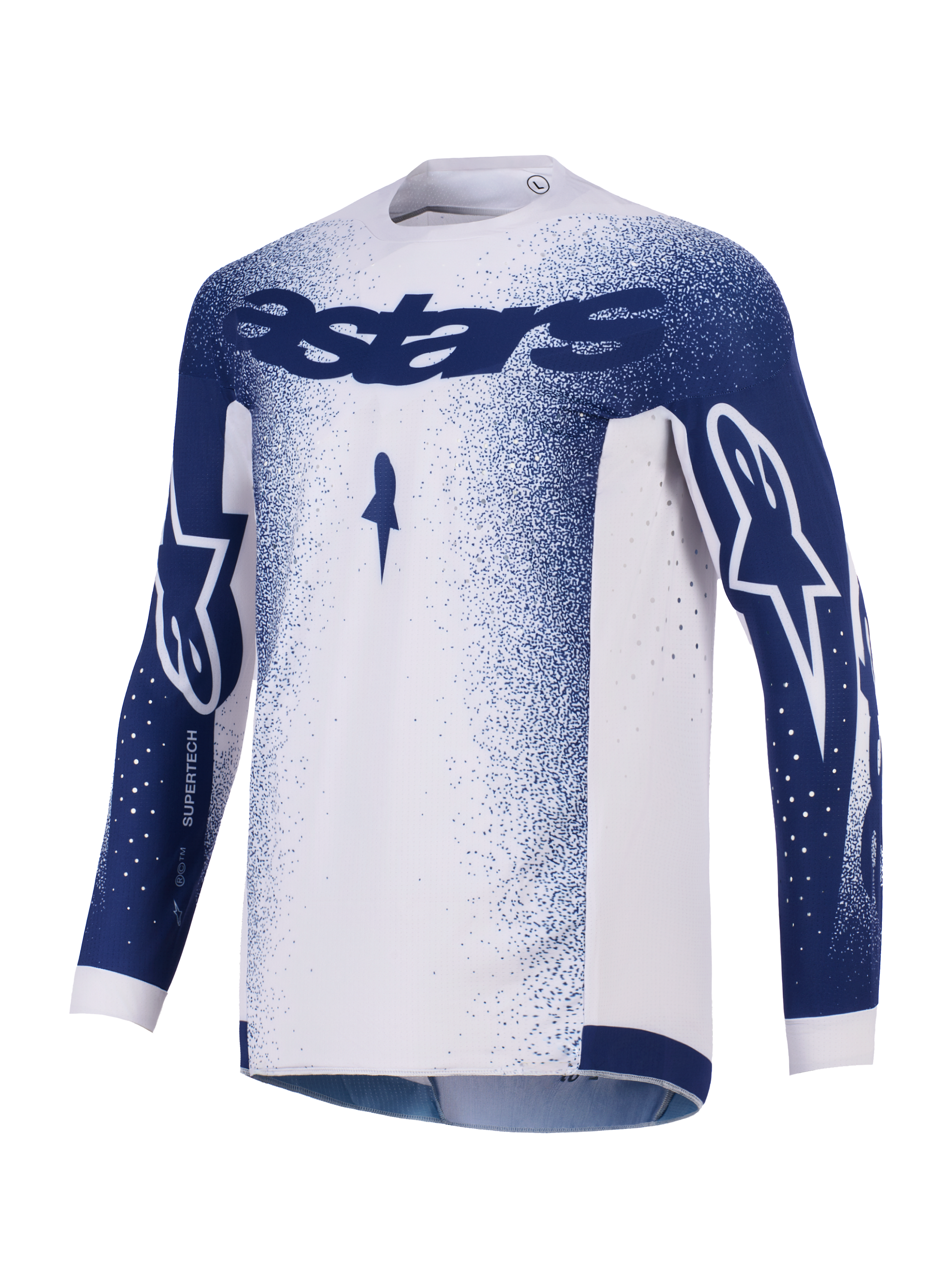 Alpinestars 2026 Supertech Scenz Jersey, camisola de motocross, cinzento claro e azul escuro, com logótipo Astars em azul escuro no peito e mangas, padrão de salpicos em degradê, perfurações cortadas a laser para ventilação, equipamento de corrida off-road de nível profissional