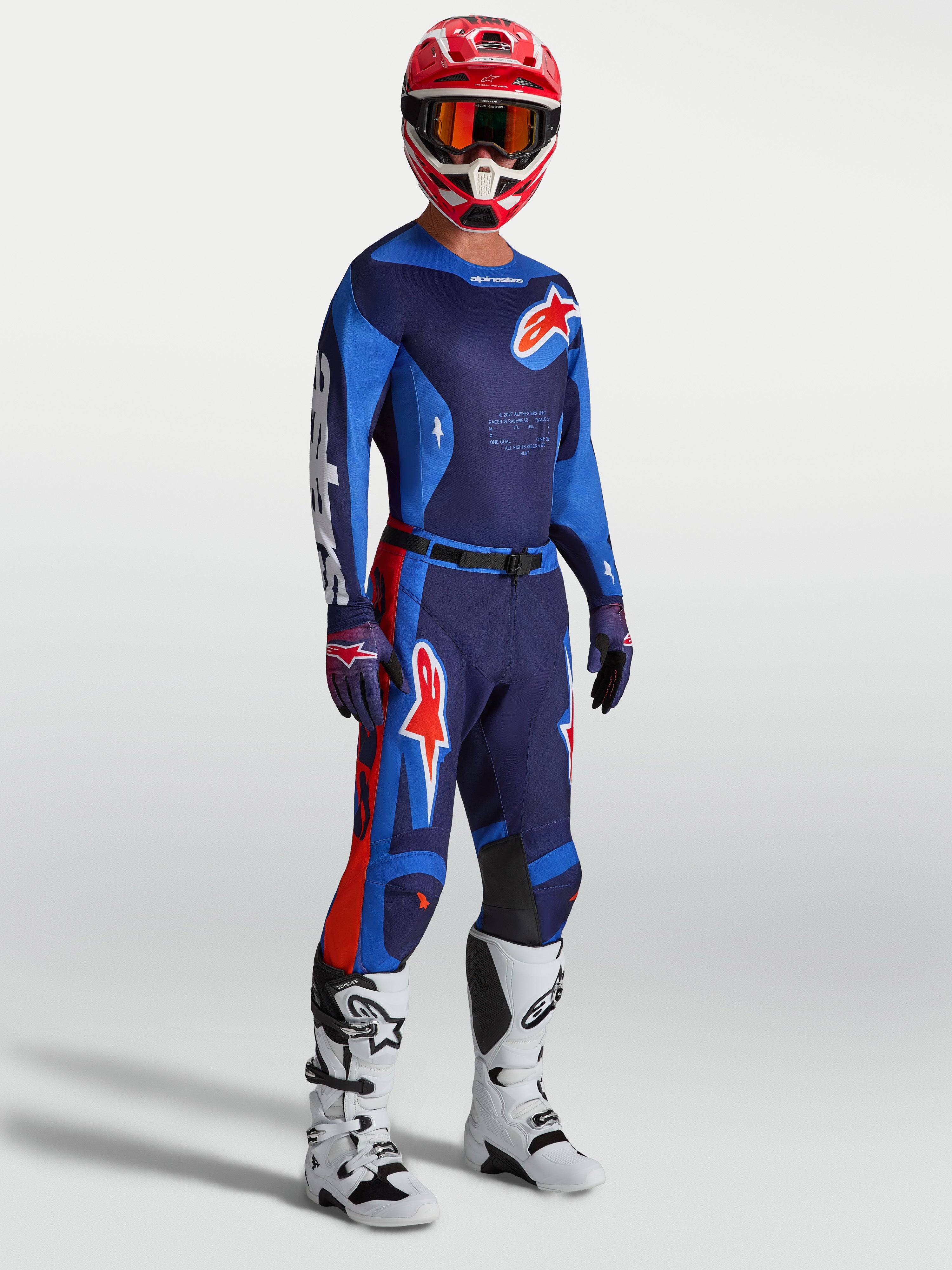Alpinestars camisola Racer Hunt, camisola de motocross para homem, azul e vermelha, tecido respirável e ajuste de corrida.