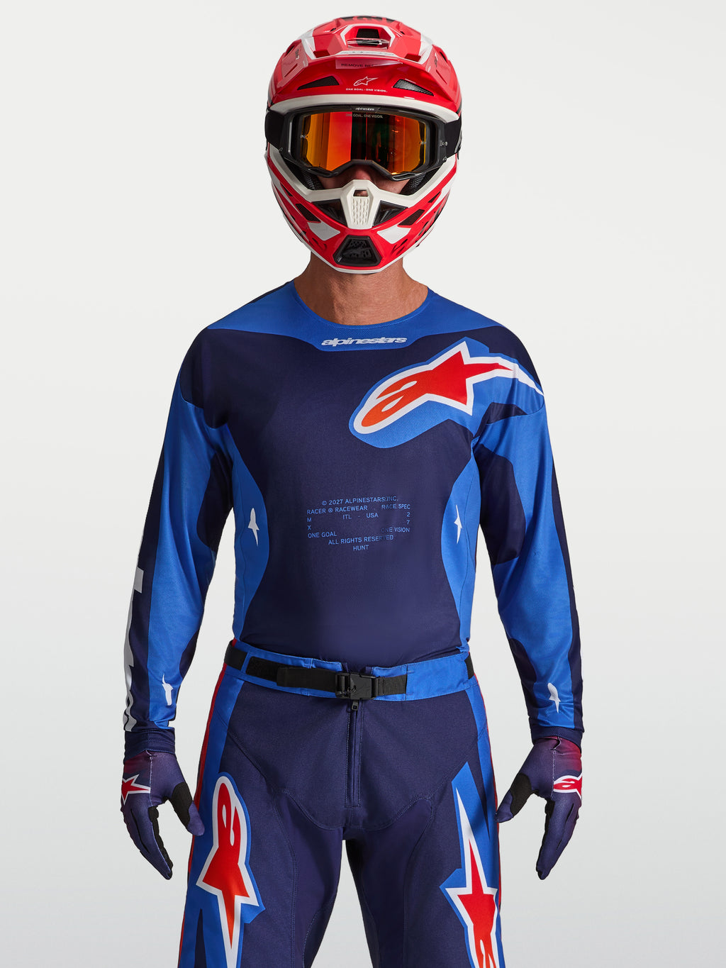 Camisola Racer Hunt Alpinestars, camisola de motocross para homem, azul e vermelha, com ajuste de corrida ergonómico e tecido que afasta a humidade, equipamento técnico para todo-o-terreno