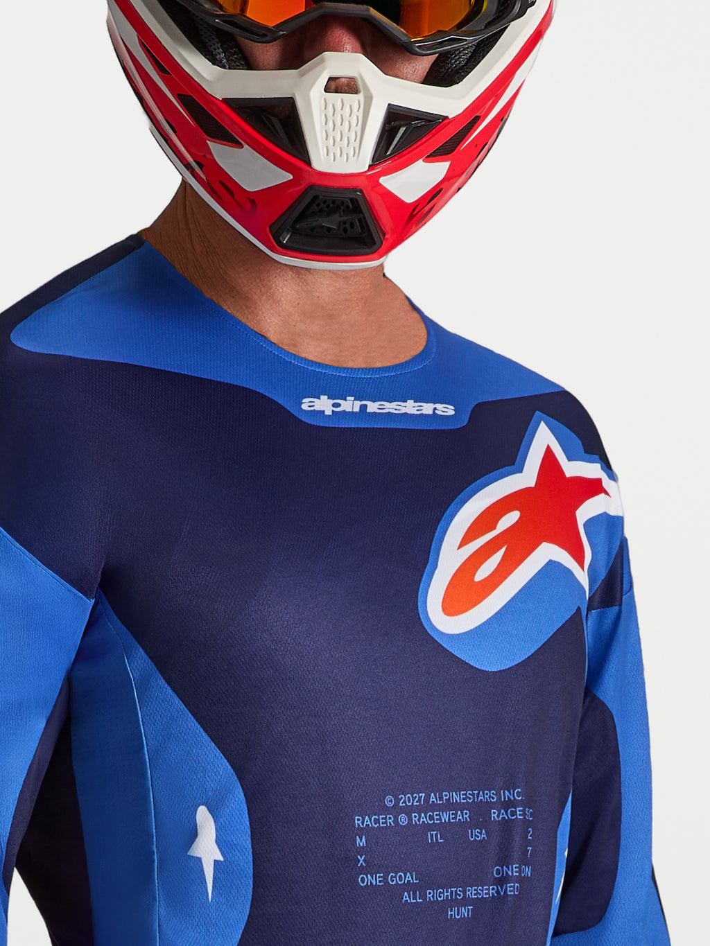 Alpinestars Racer Hunt, camisola de motocross para homem, azul e vermelha com logótipo no peito e ajuste desportivo