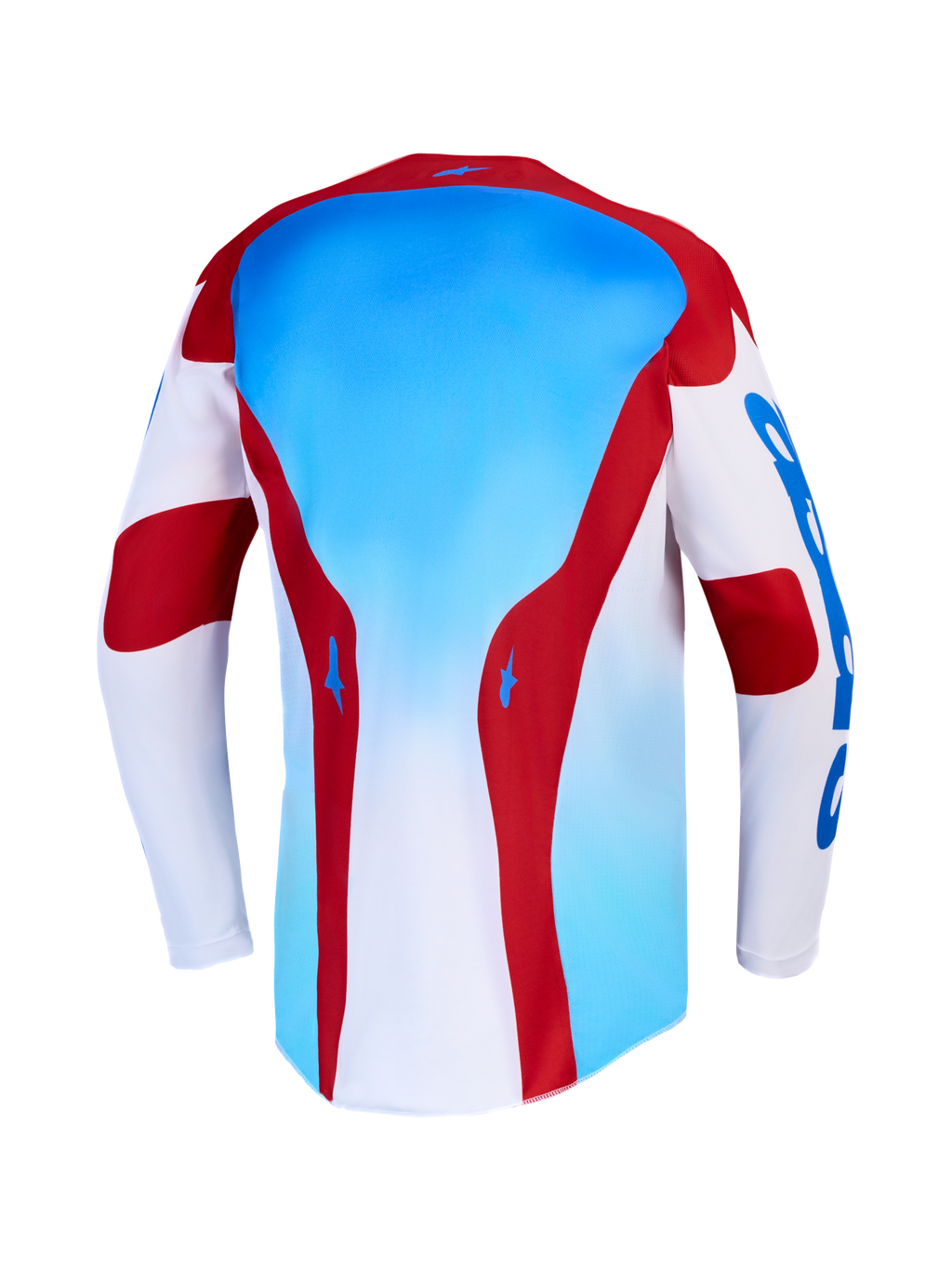 Alpinestars camisola Racer Hunt e gear set, camisola de motocross azul, vermelha e branca, vista traseira, em polifabric.