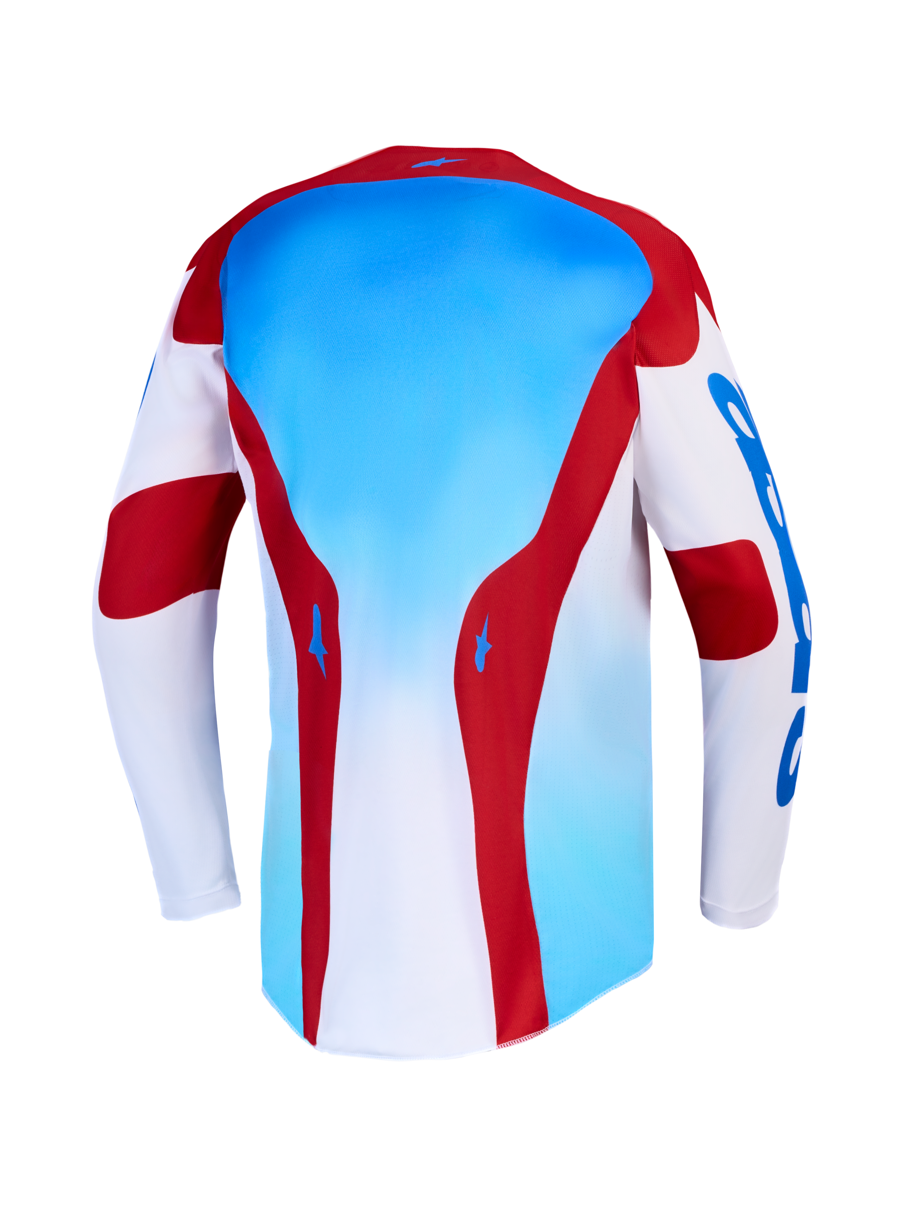 Alpinestars camisola Racer Hunt e gear set, camisola de motocross azul, vermelha e branca, vista traseira, em polifabric.