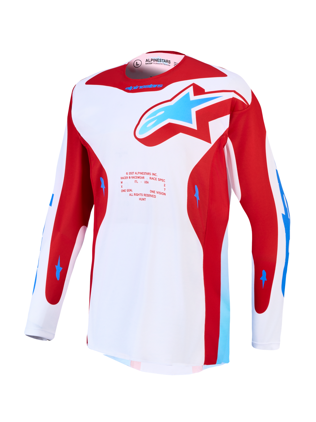 Alpinestars Racer Hunt, camisola de motocross para homem, branca e vermelha com detalhes azuis, polifabric respirável