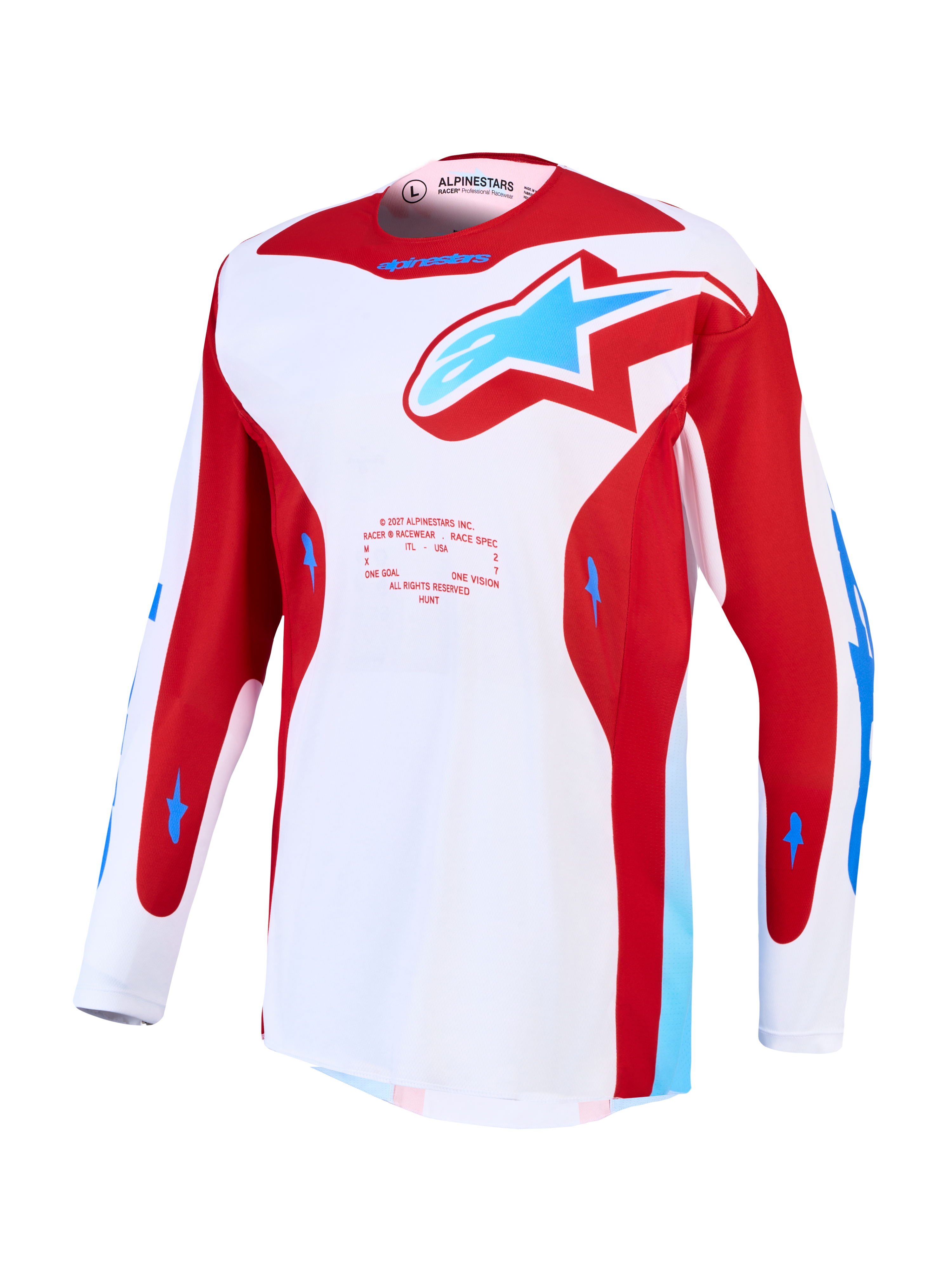 Alpinestars Racer Hunt, camisola de motocross para homem, branca e vermelha com detalhes azuis, polifabric respirável