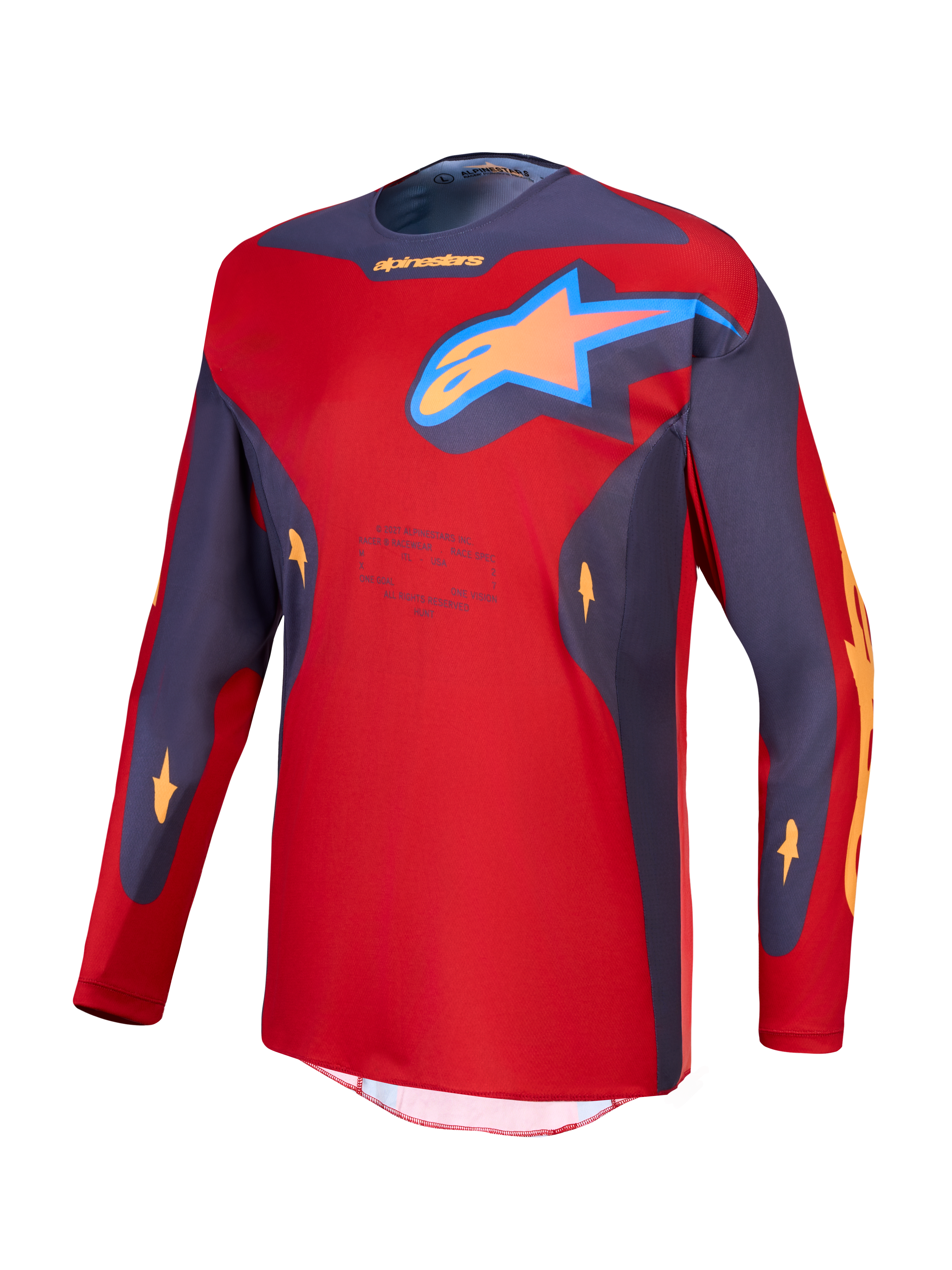 Alpinestars Racer Hunt, camisola de motocross para homem, vermelha e cinzenta, tecido técnico com logótipo de estrela.