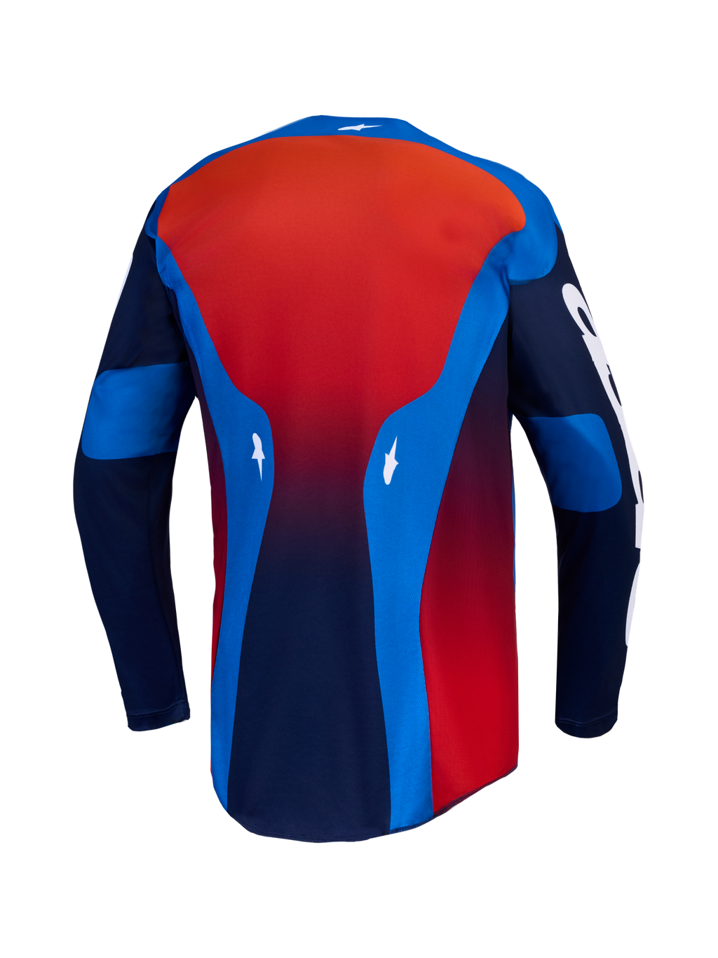 Alpinestars Racer Hunt, camisola de motocross para homem, azul e vermelha, vista traseira com bainha alongada para gestão de humidade