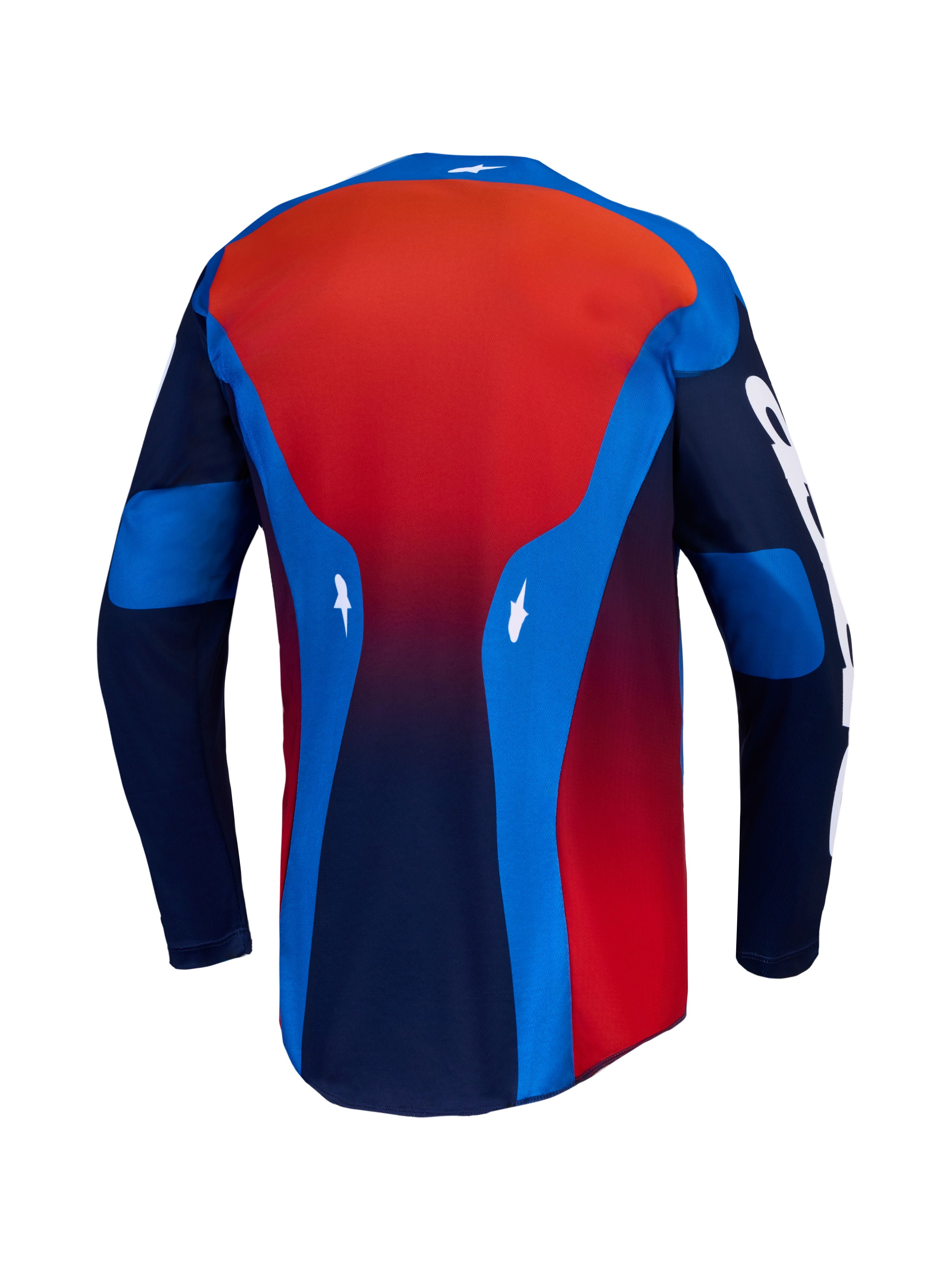 Alpinestars Racer Hunt, camisola de motocross para homem, azul e vermelha, vista traseira, tecido leve e respirável.