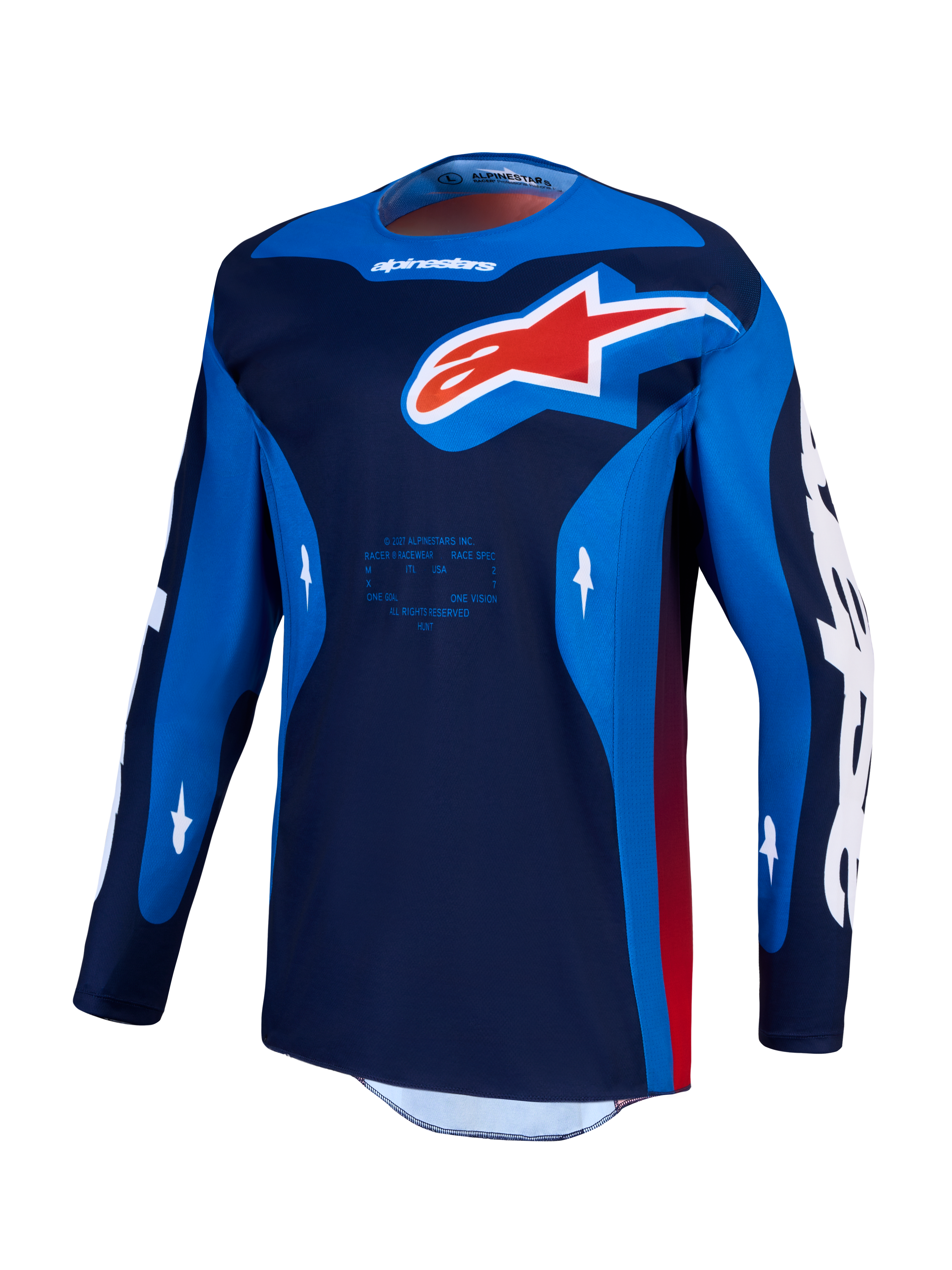 Alpinestars Racer Hunt Jersey, camisola de motocross para homem, azul-marinho e azul royal com logótipo Astars vermelho, equipamento de performance para off-road