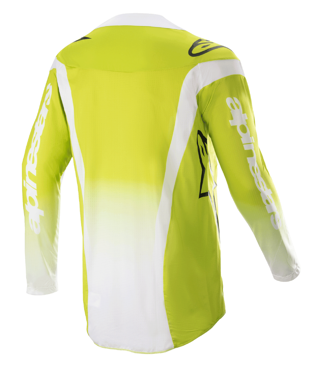 Alpinestars 2023 Techstar Push Jersey, vista traseira, amarelo néon e branco, camisola de motocross de manga comprida com painéis laterais brancos e logótipos nas mangas, equipamento técnico de todo-o-terreno