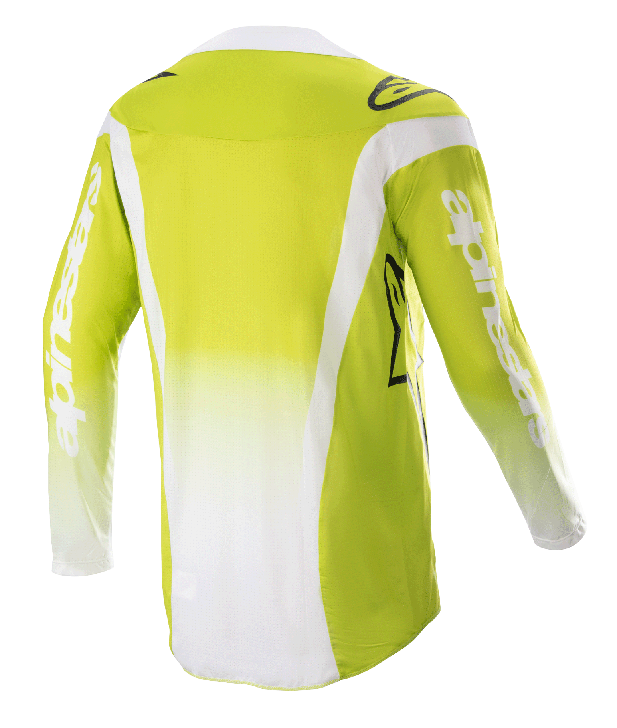Alpinestars 2023 Techstar Push Jersey, vista traseira, amarelo néon e branco, camisola de motocross de manga comprida com painéis laterais brancos e logótipos nas mangas, equipamento técnico de todo-o-terreno