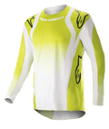Camisola Alpinestars 2023 Techstar Push, camisola de motocross de manga comprida, amarelo fluorescente e branco, com grandes logótipos Astars pretos nos ombros e mangas, tecido perfurado de alto desempenho, gola redonda e bainha traseira alongada para corridas de todo-o-terreno