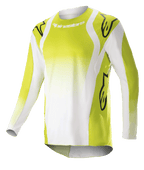 Camisola Alpinestars 2023 Techstar Push, camisola de motocross de manga comprida, amarelo fluorescente e branco, com grandes logótipos Astars pretos nos ombros e mangas, tecido perfurado de alto desempenho, gola redonda e bainha traseira alongada para corridas de todo-o-terreno