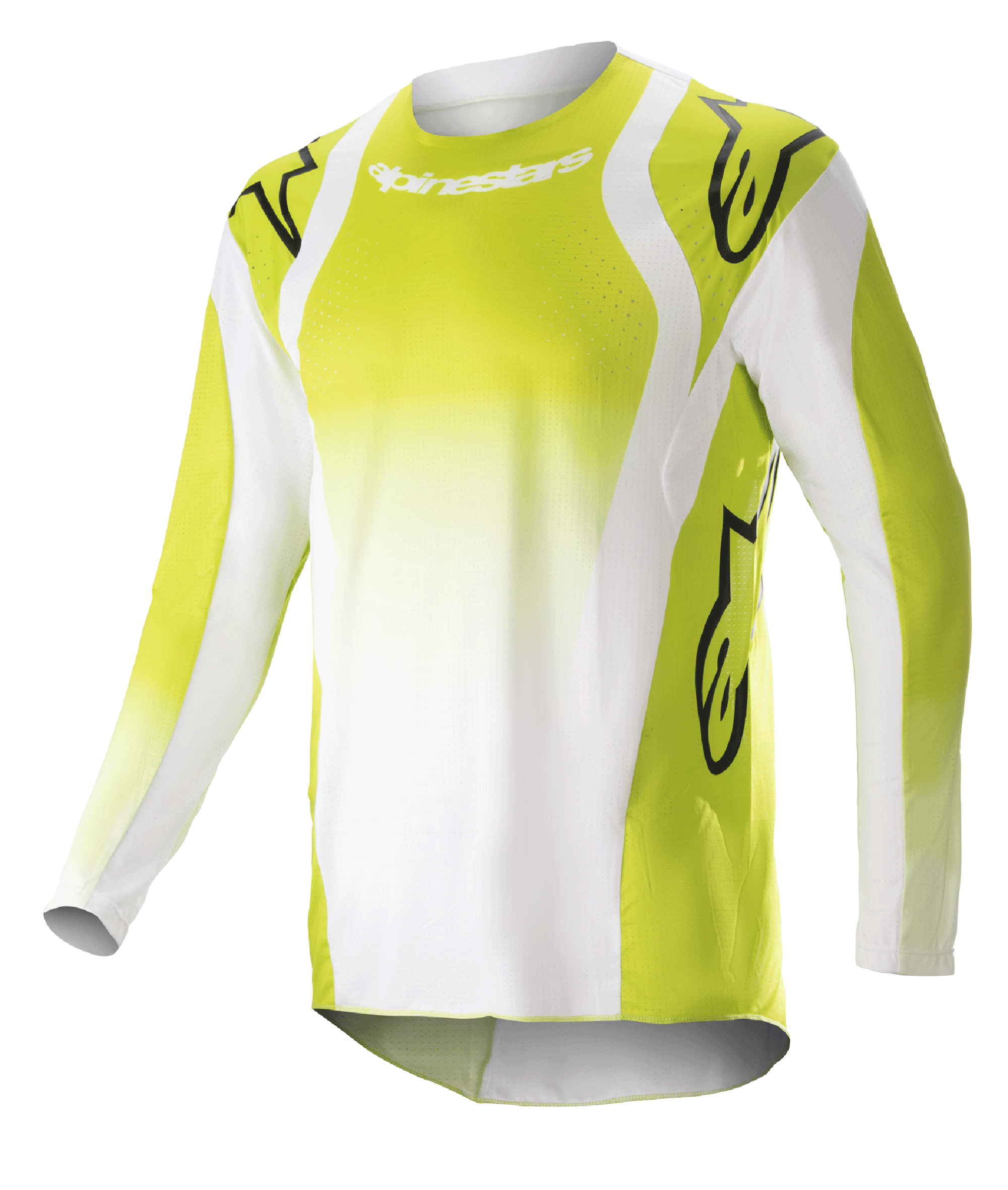 Camisola Alpinestars 2023 Techstar Push, camisola de motocross de manga comprida, amarelo fluorescente e branco, com grandes logótipos Astars pretos nos ombros e mangas, tecido perfurado de alto desempenho, gola redonda e bainha traseira alongada para corridas de todo-o-terreno