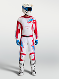 Alpinestars Calças Racer Hunt, calças de motocross para homem, brancas e vermelhas com azul, ajuste ergonómico pré-curvado.