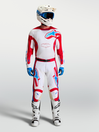 Alpinestars Calças Racer Hunt, calças de motocross para homem, brancas e vermelhas com azul, ajuste ergonómico pré-curvado.