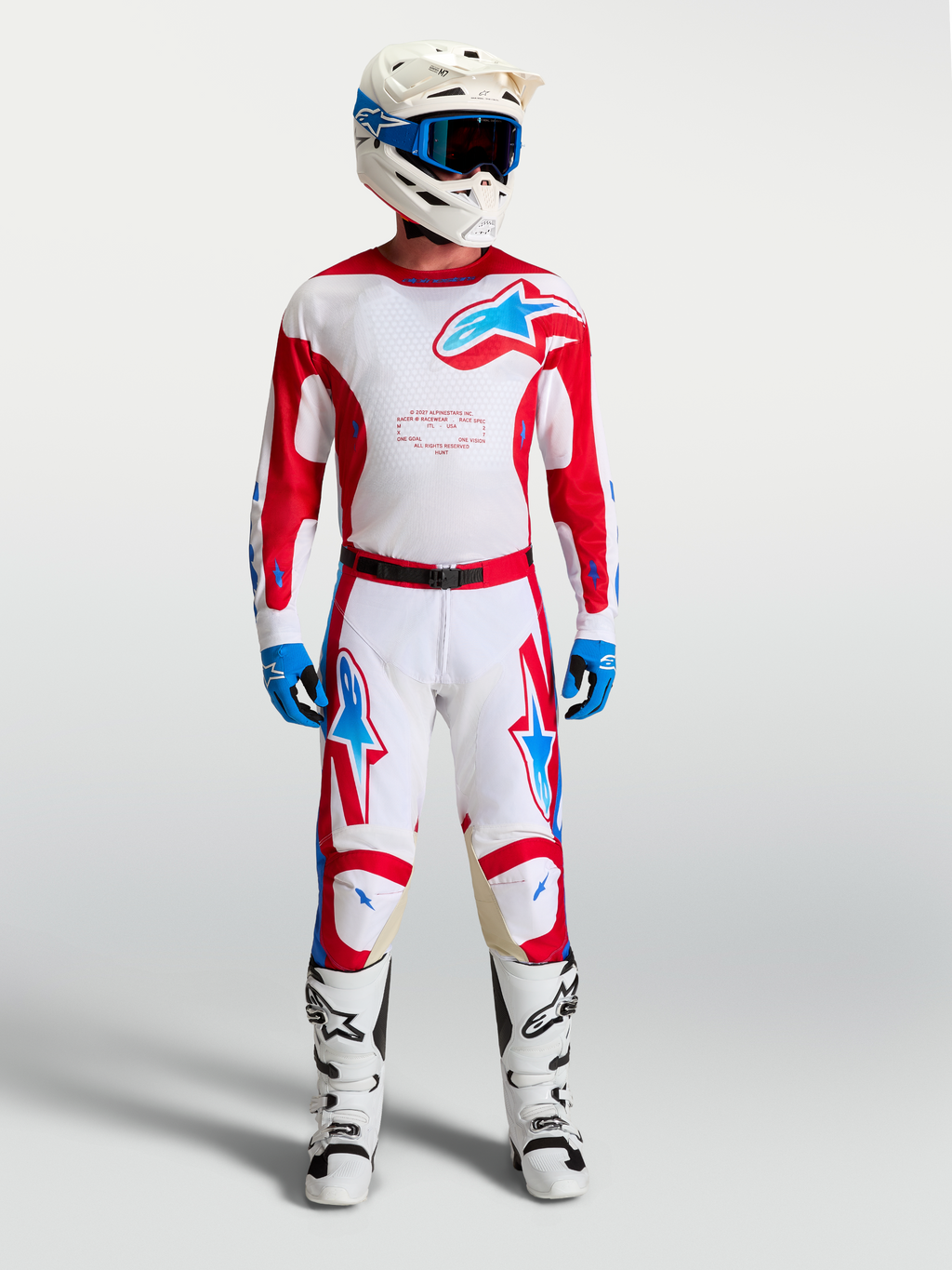 Alpinestars Racer Hunt, camisola de motocross para homem, branca e vermelha com azul, inclui calças e botas de moto.