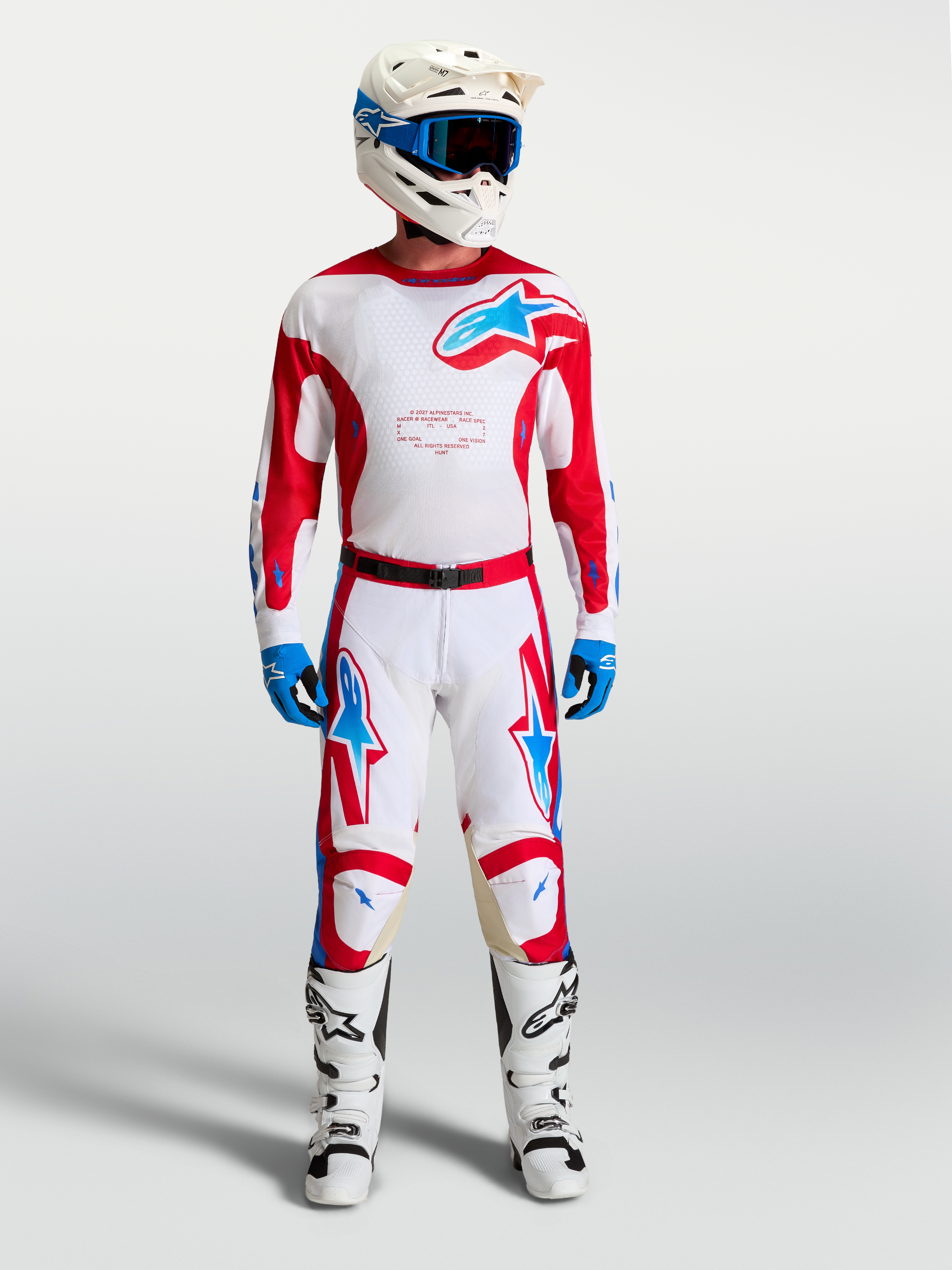 Alpinestars Racer Hunt, camisola de motocross para homem, branca e vermelha com azul, inclui calças e botas de moto.