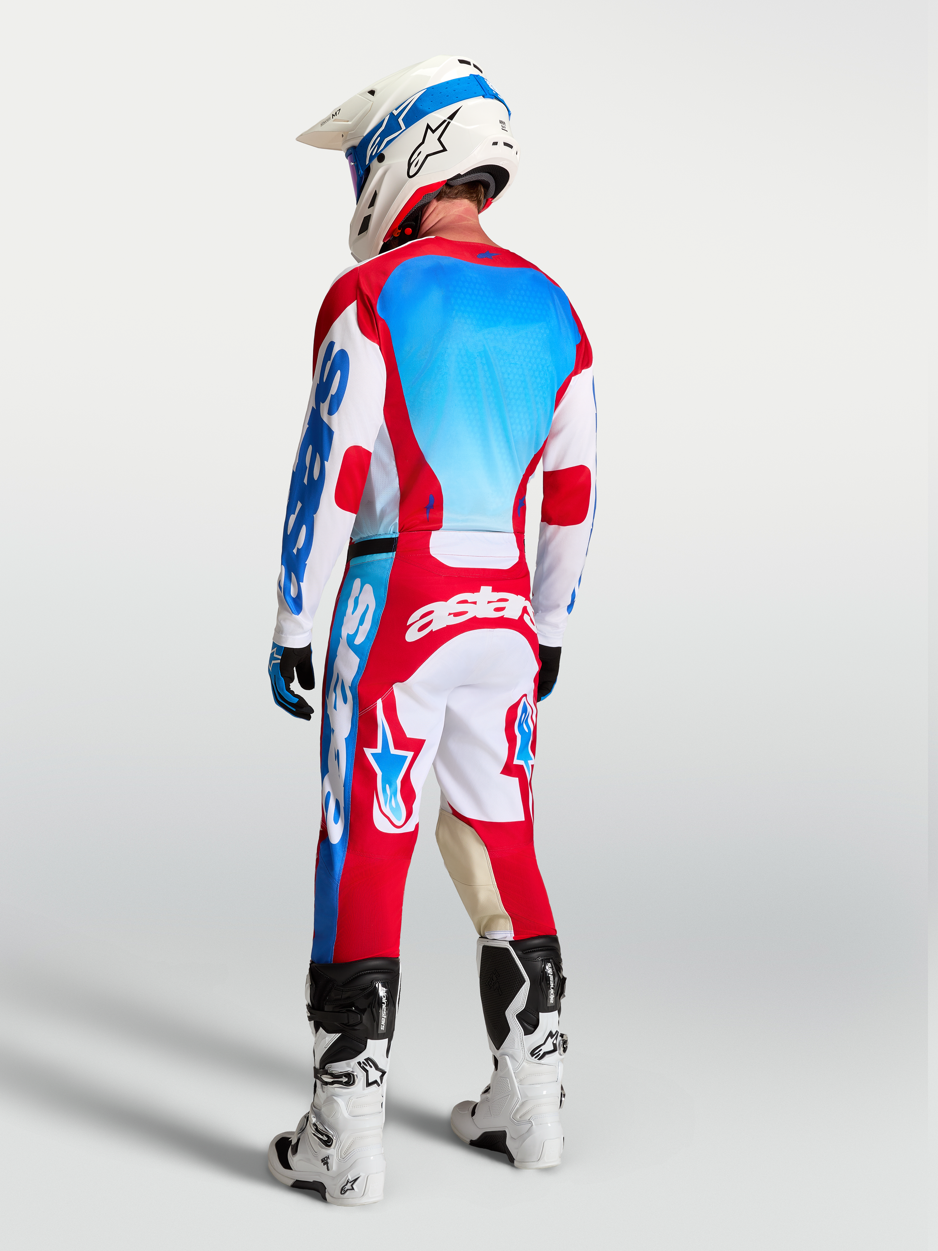 Alpinestars calças Racer Hunt AND Racer Hunt Gear Set, motocross para homem, vermelho, branco e azul, vista traseira.