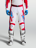 Alpinestars Calças Racer Hunt, calças de motocross e todo-o-terreno, brancas e vermelhas, pernas pré-curvadas, reforços em couro nos joelhos