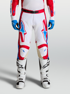 Alpinestars Calças Racer Hunt, calças de motocross e todo-o-terreno, brancas e vermelhas, pernas pré-curvadas, reforços em couro nos joelhos