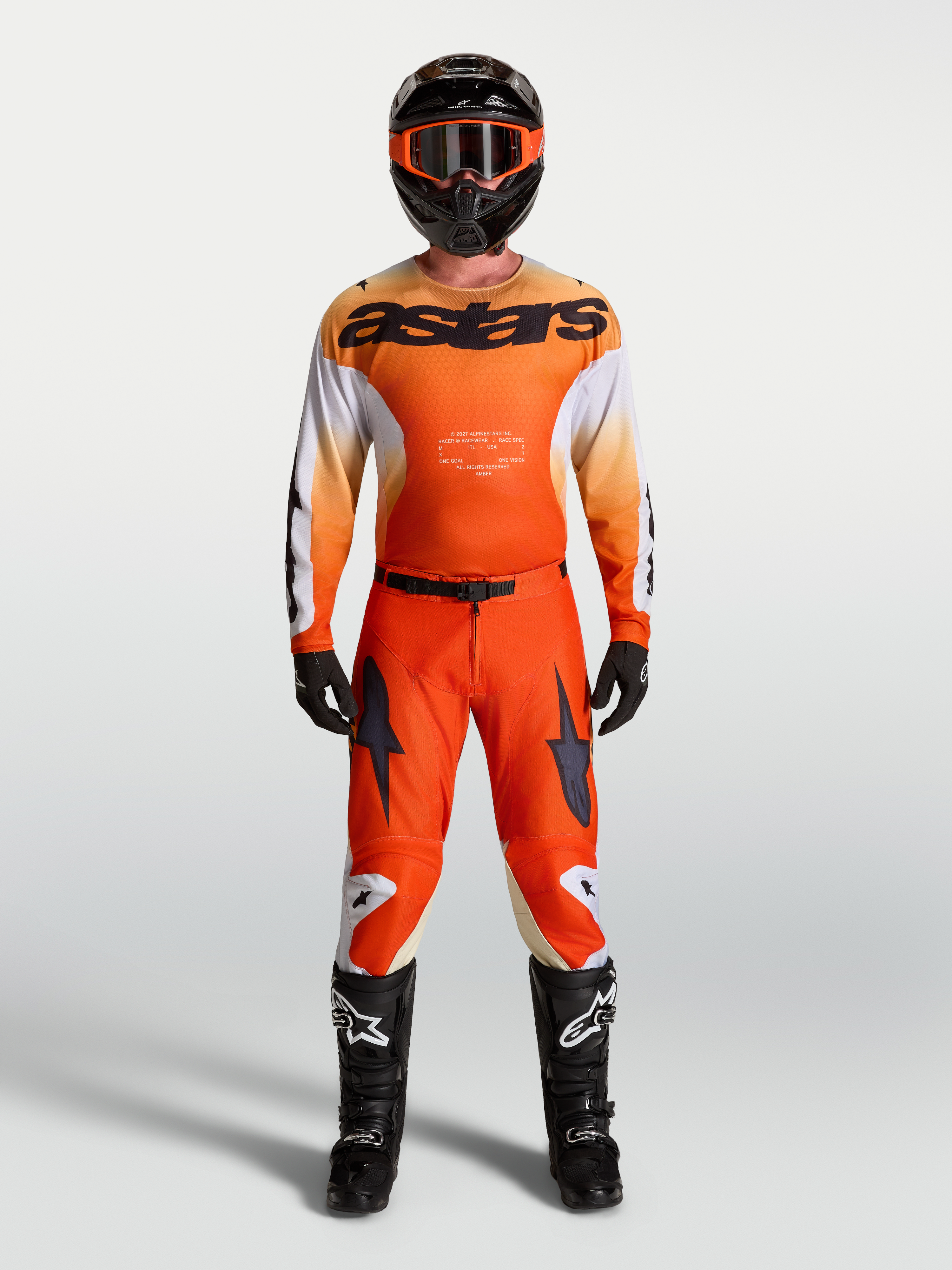 Alpinestars Camisola Racer Amber e Racer Amber Gear Set, conjunto de motocross para homem, laranja e branco, ajuste de corrida respirável.