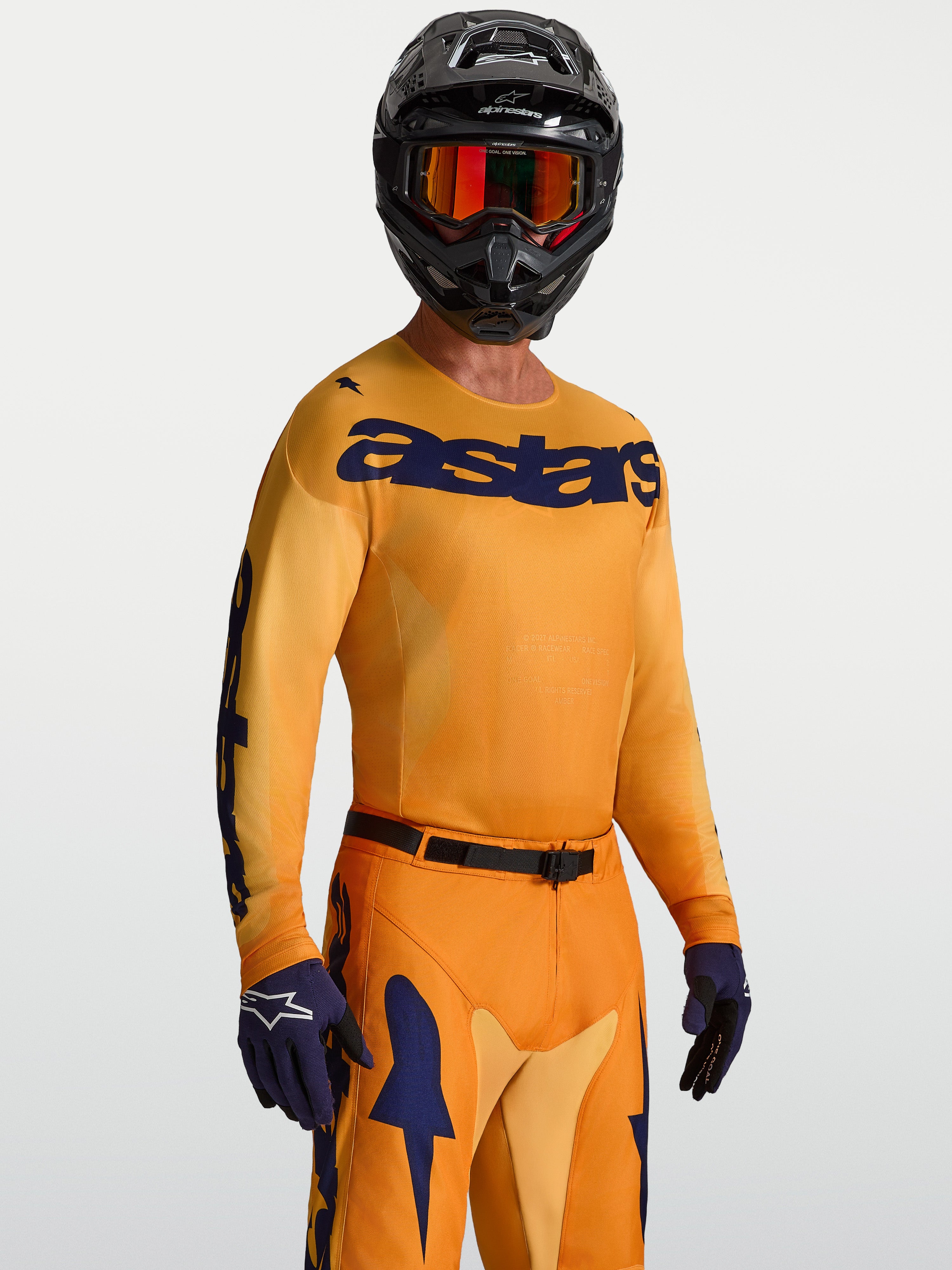 Alpinestars Camisola Racer Amber, camisola de motocross para homem, laranja e azul-escuro, em politecido leve, no modelo