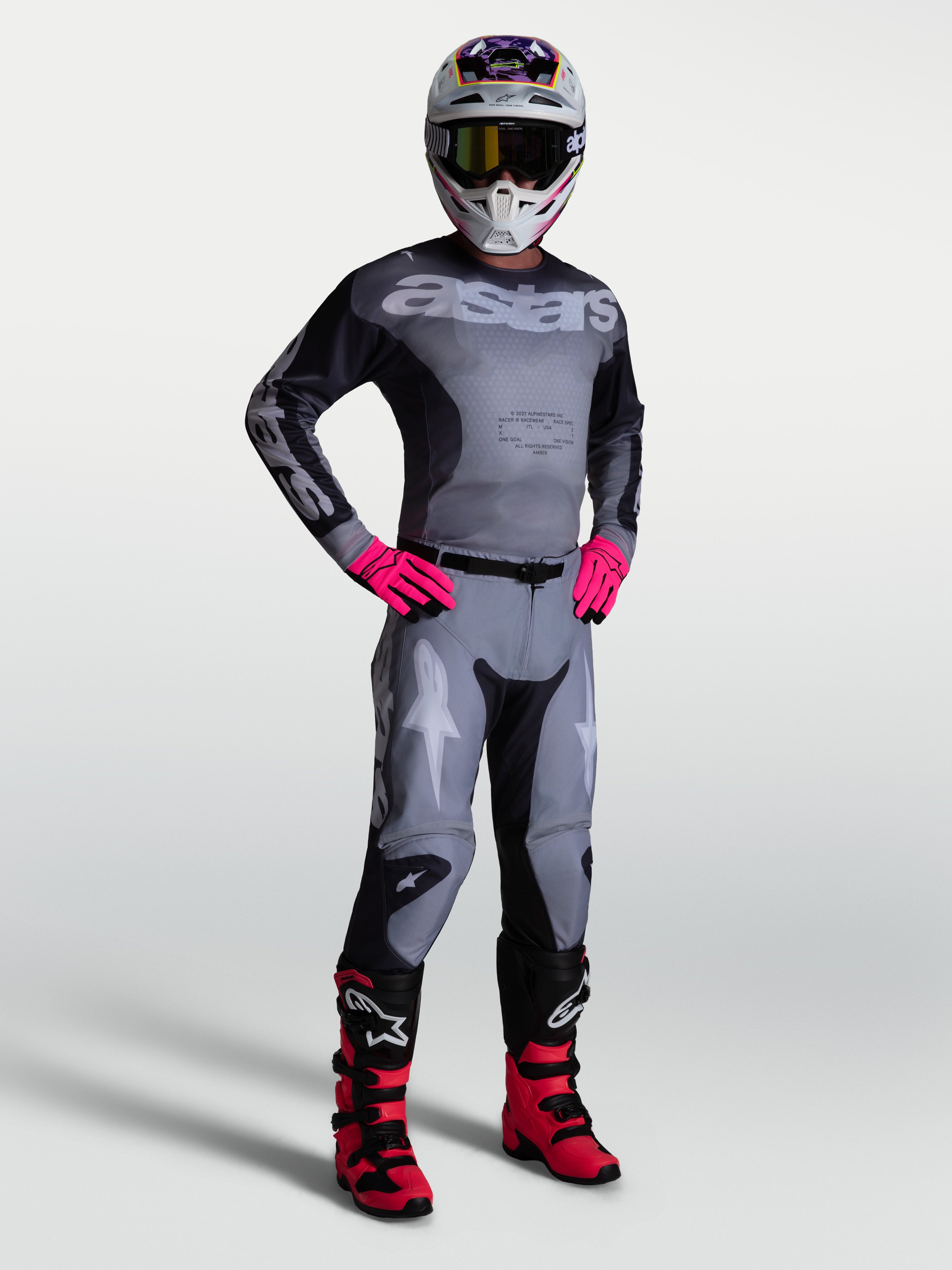 Alpinestars 2027 Racer Amber, camisola e conjunto de motocross para homem, cinzento e rosa, ajuste atlético.