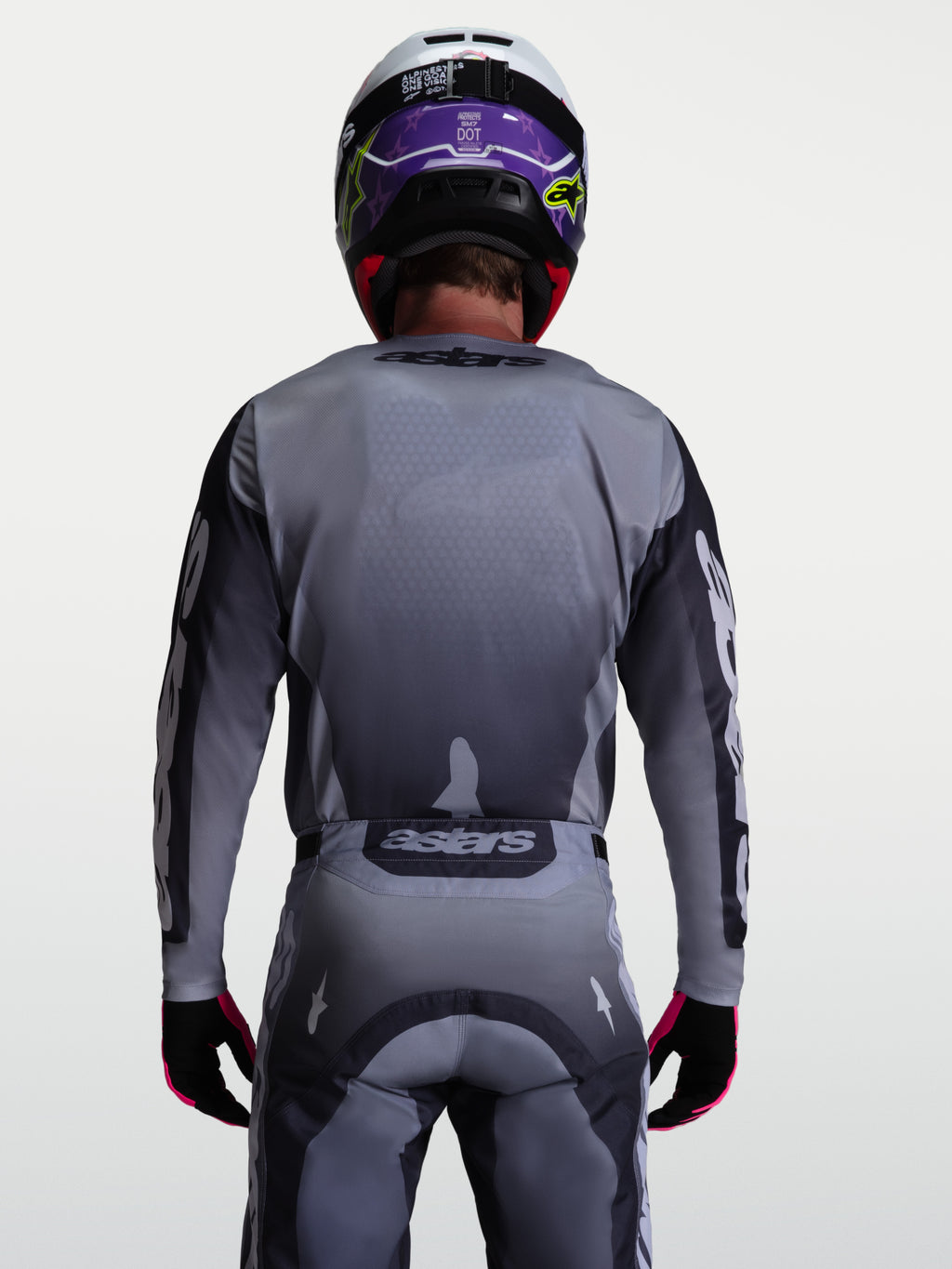 Alpinestars Camisola Racer Amber, camisola de motocross para todo-o-terreno, cinzenta e lilás claro, vista traseira