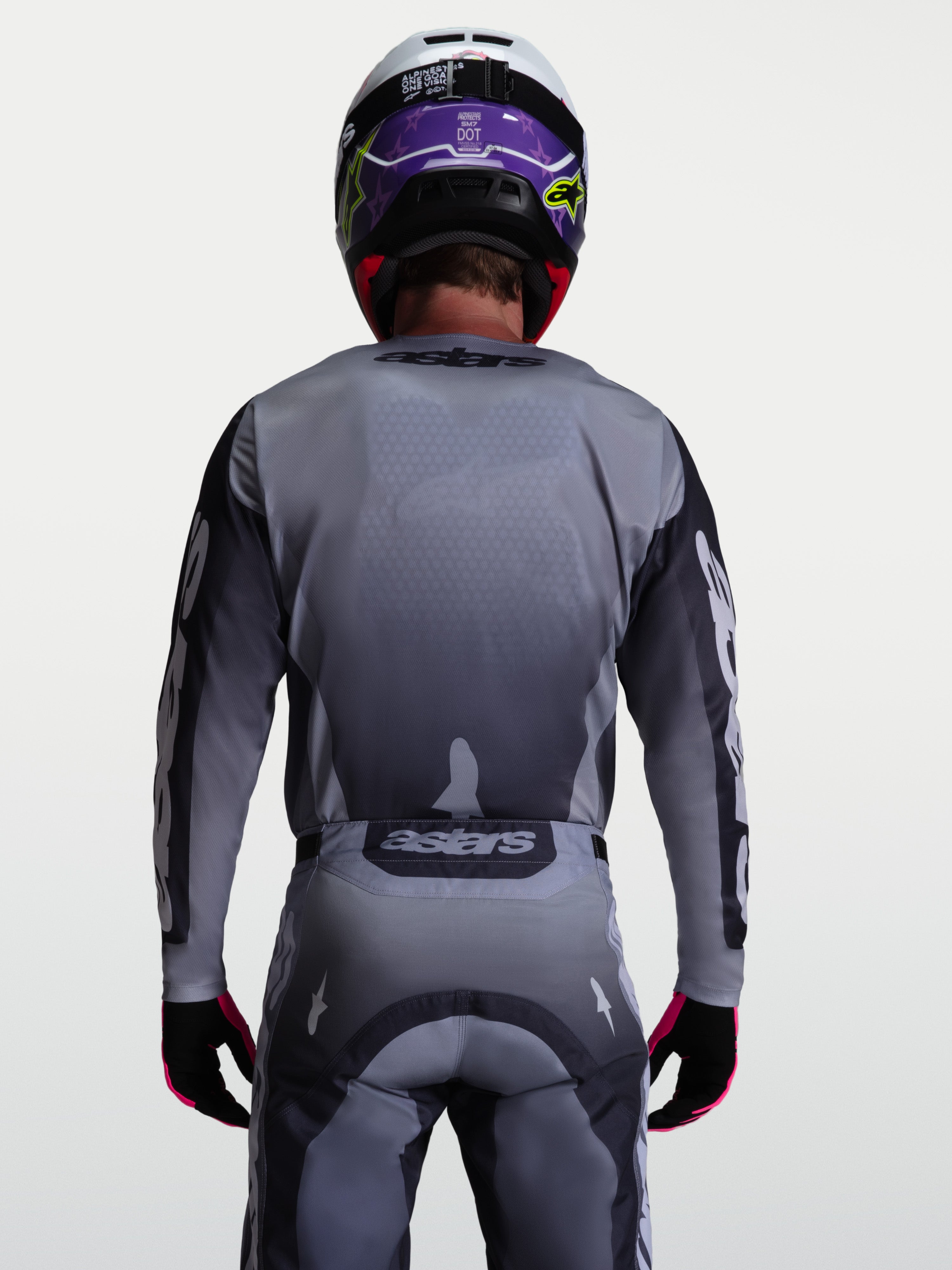 Alpinestars Camisola Racer Amber, camisola de motocross para todo-o-terreno, cinzenta e lilás claro, vista traseira