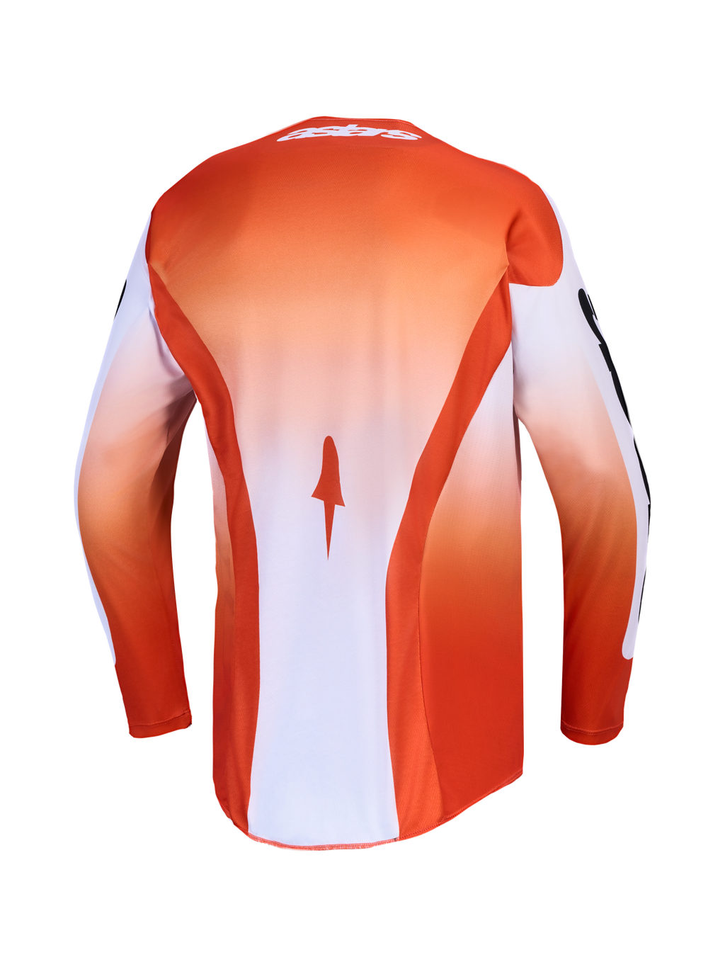Alpinestars Racer Amber, camisola MX para homem, vermelha e branca, vista traseira com tecido técnico e corte longo.