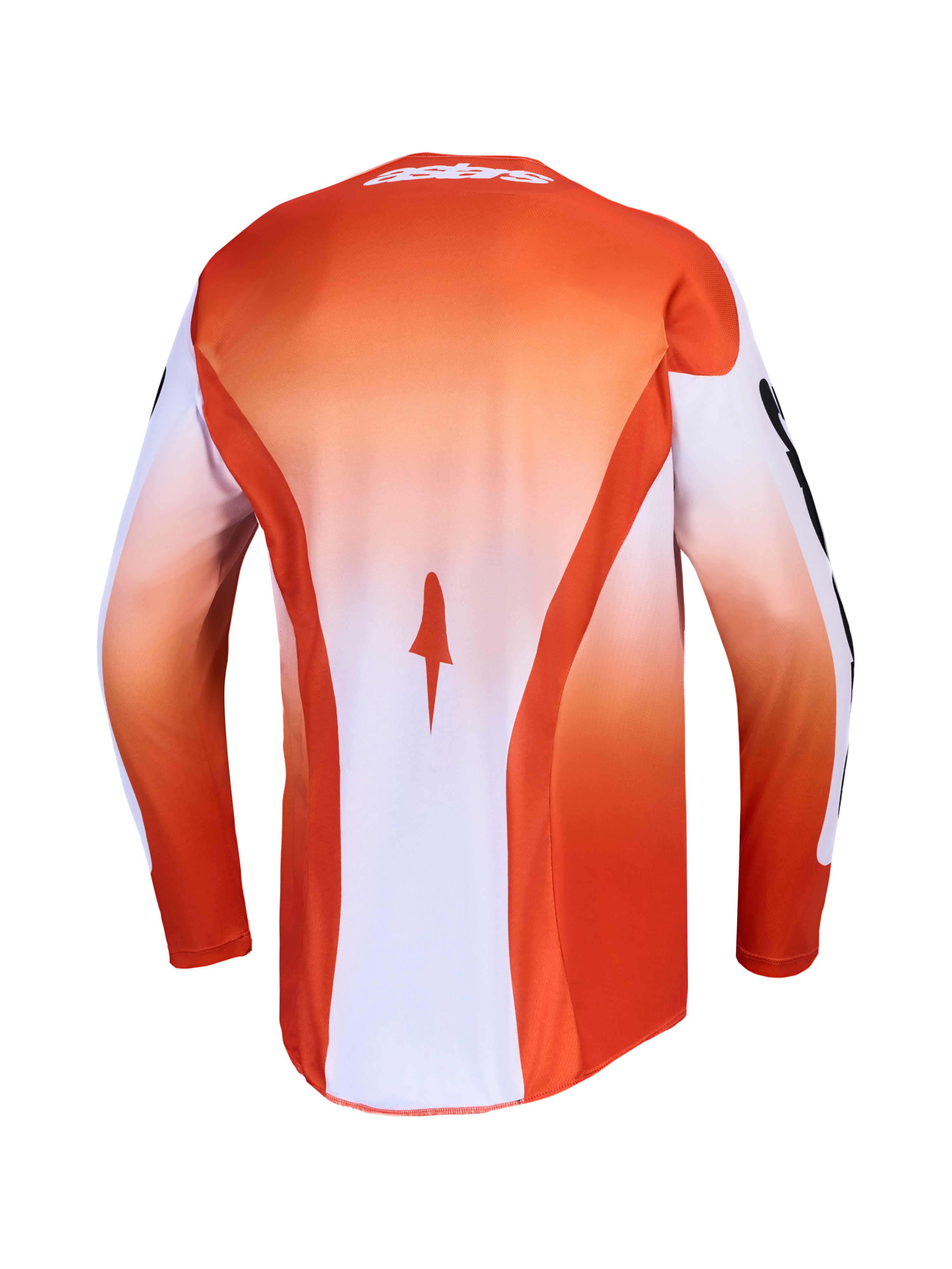 Alpinestars Racer Amber, camisola MX para homem, vermelha e branca, vista traseira com tecido técnico e corte longo.