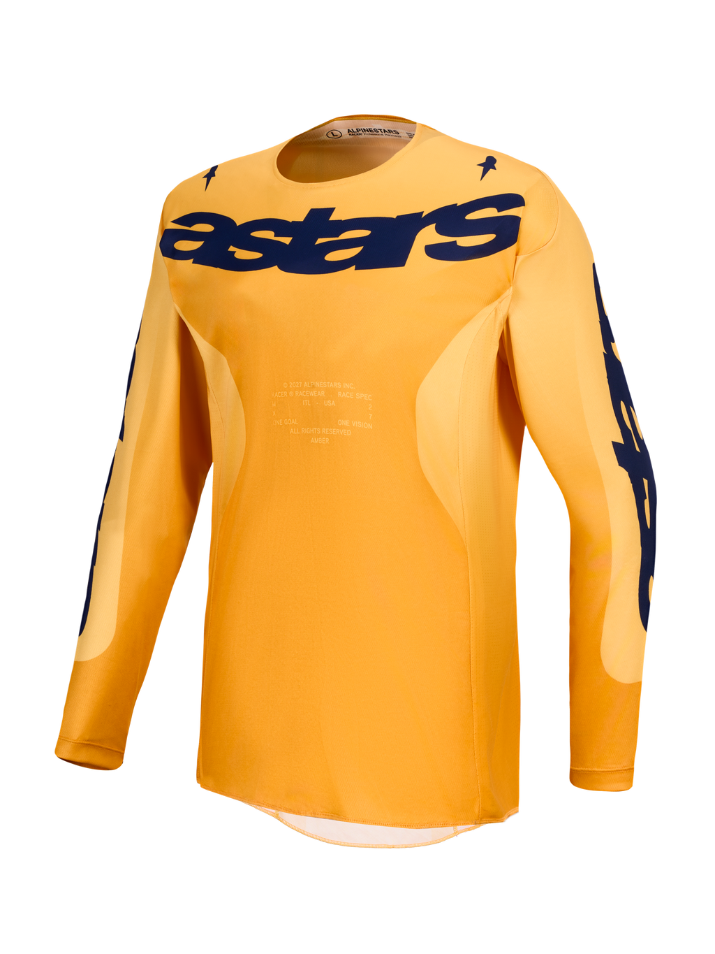 Alpinestars Camisola Racer Amber, camisola de motocross para homem, laranja e azul escuro, com logótipo astars no peito, material leve e respirável para todo-o-terreno