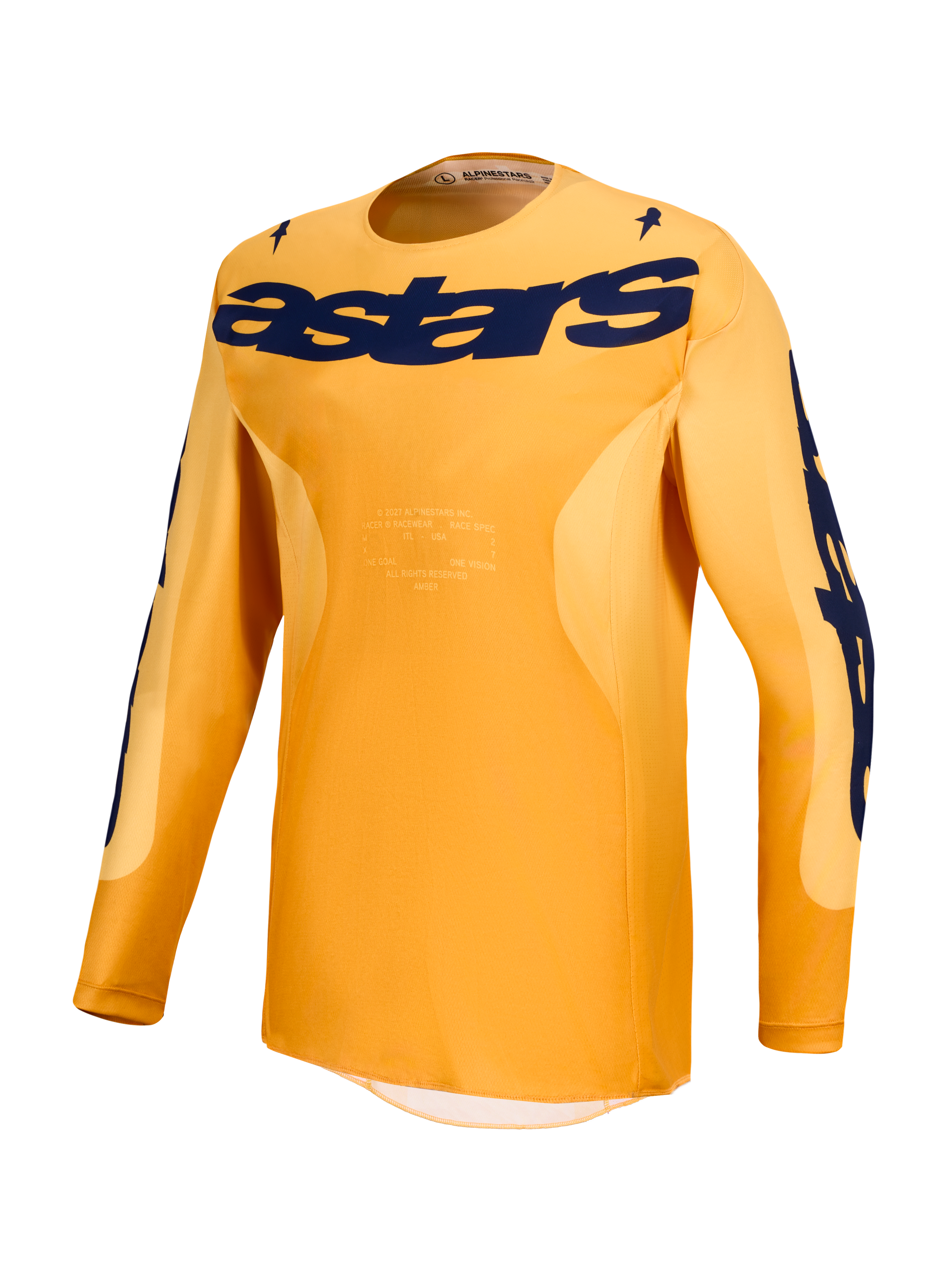 Alpinestars Camisola Racer Amber, camisola de motocross para homem, laranja e azul escuro, com logótipo astars no peito, material leve e respirável para todo-o-terreno