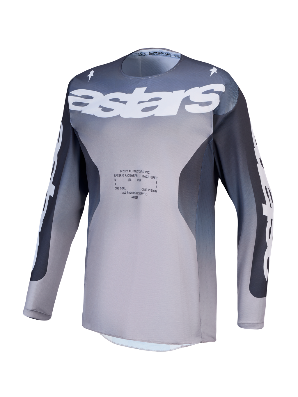 Alpinestars Camisola Racer Amber, camisola de motocross para homem, cinzento e lilás claro, em polifibra respirável.