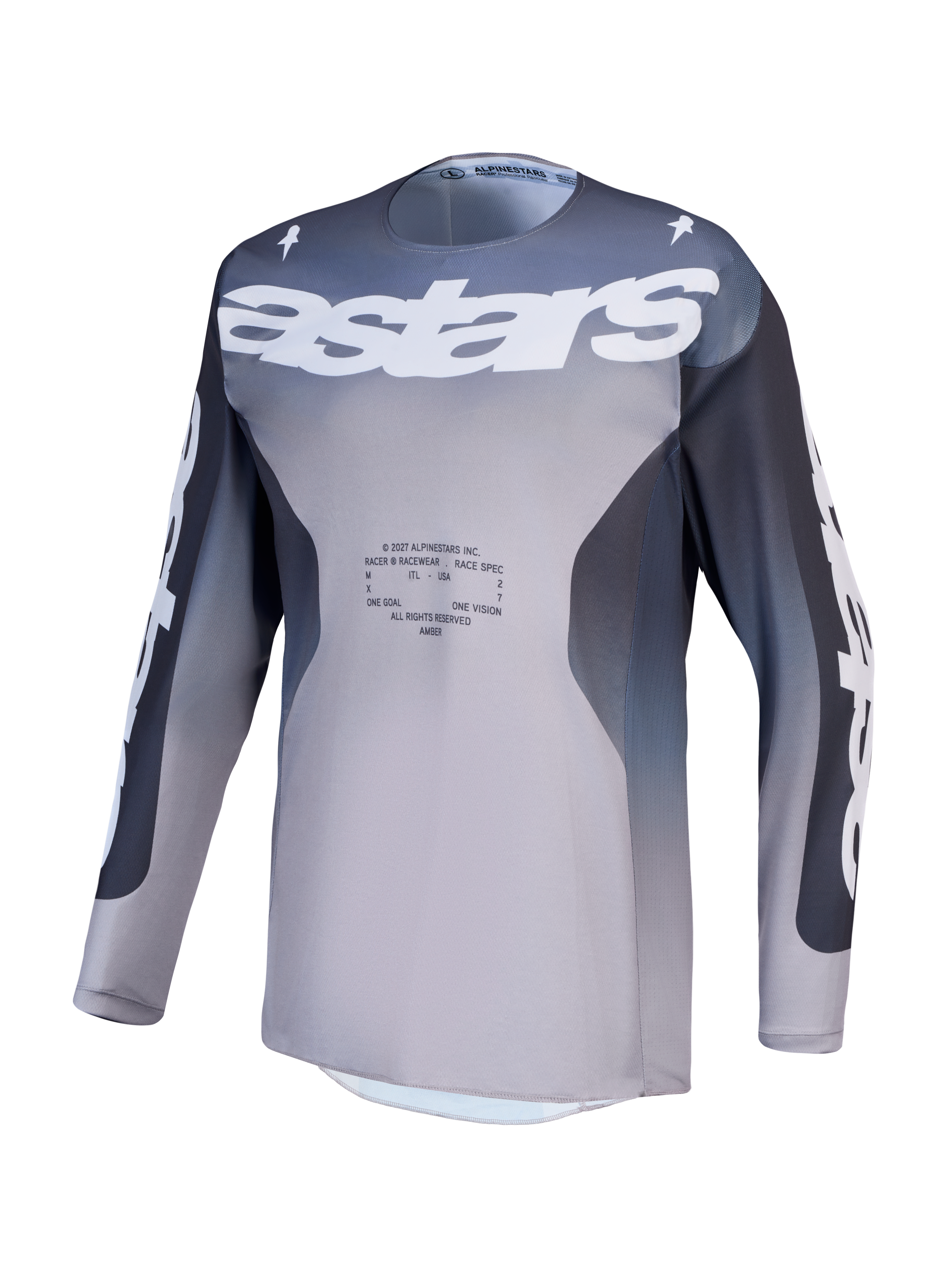 Alpinestars Camisola Racer Amber, camisola de motocross para homem, cinzento e lilás claro, em polifibra respirável.