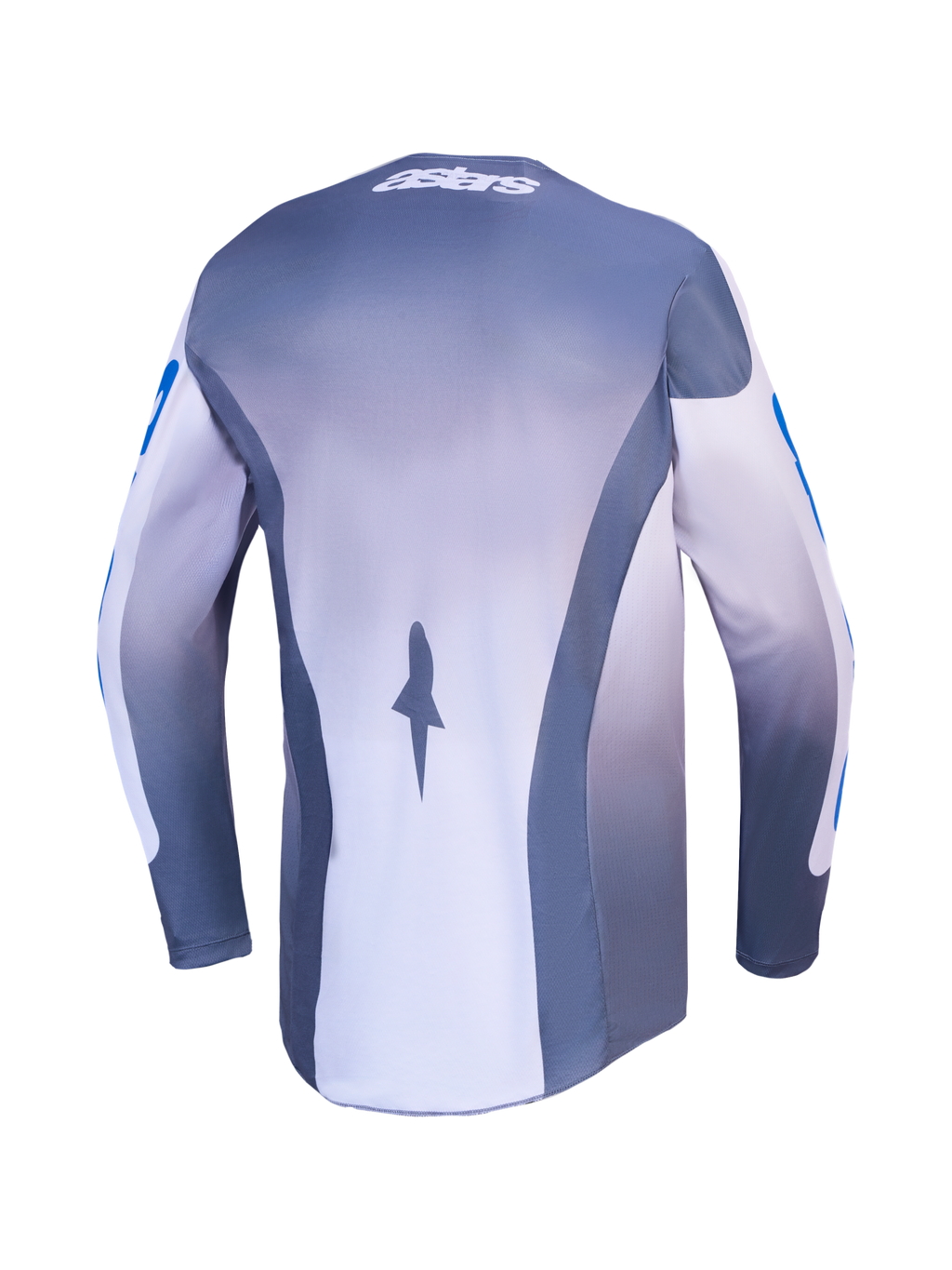 Alpinestars camisola Racer Amber e 2027 Gear Set, camisola de motocross para homem, cinzenta e azul, vista traseira com painéis de malha respiráveis.