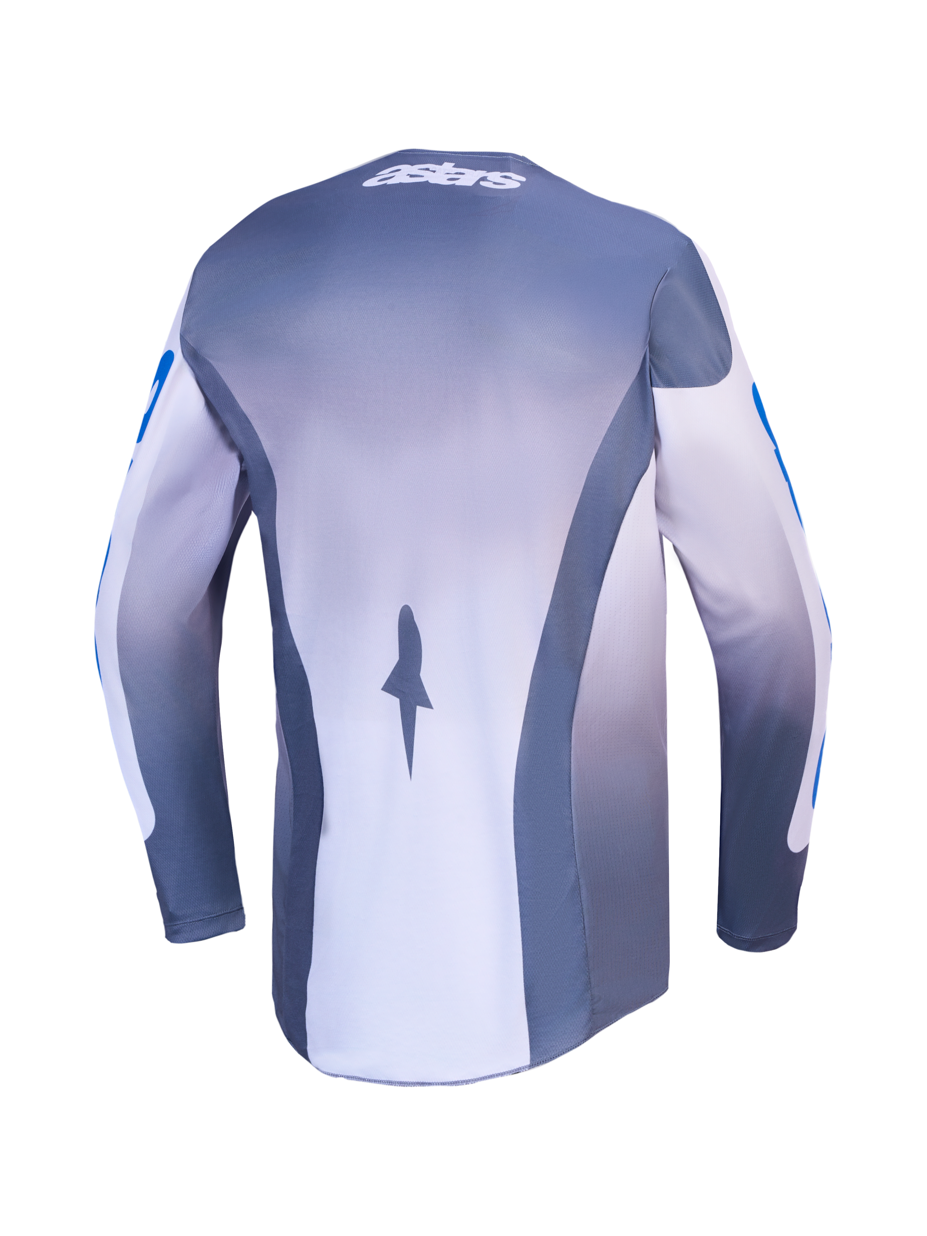 Alpinestars camisola Racer Amber e 2027 Gear Set, camisola de motocross para homem, cinzenta e azul, vista traseira com painéis de malha respiráveis.