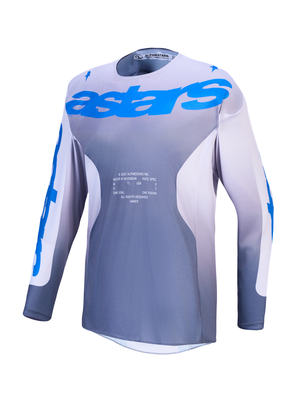 Alpinestars Racer Amber, camisola de motocross para homem, cinzenta e azul, em politecido ventilado com absorção de humidade.