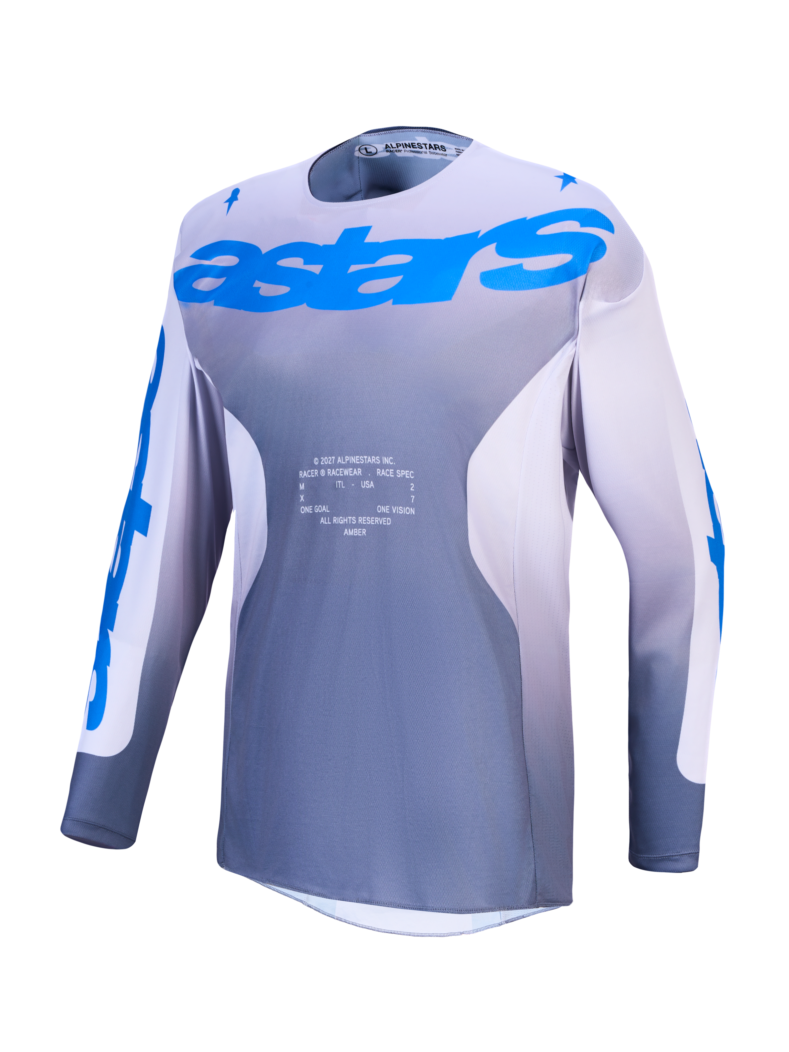 Alpinestars Racer Amber, camisola de motocross para homem, cinzenta e azul, em politecido ventilado com absorção de humidade.