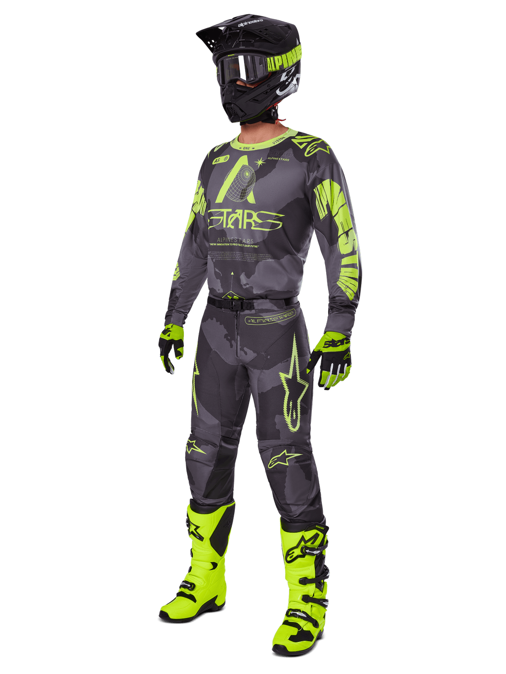 Alpinestars 2025 Racer Hollow Gear Set, equipamento completo de motocross, camuflado cinzento e amarelo néon, inclui camisola, calças, capacete preto e amarelo a condizer, óculos, luvas e botas amarelo brilhante, equipamento de corrida todo-o-terreno de alta performance