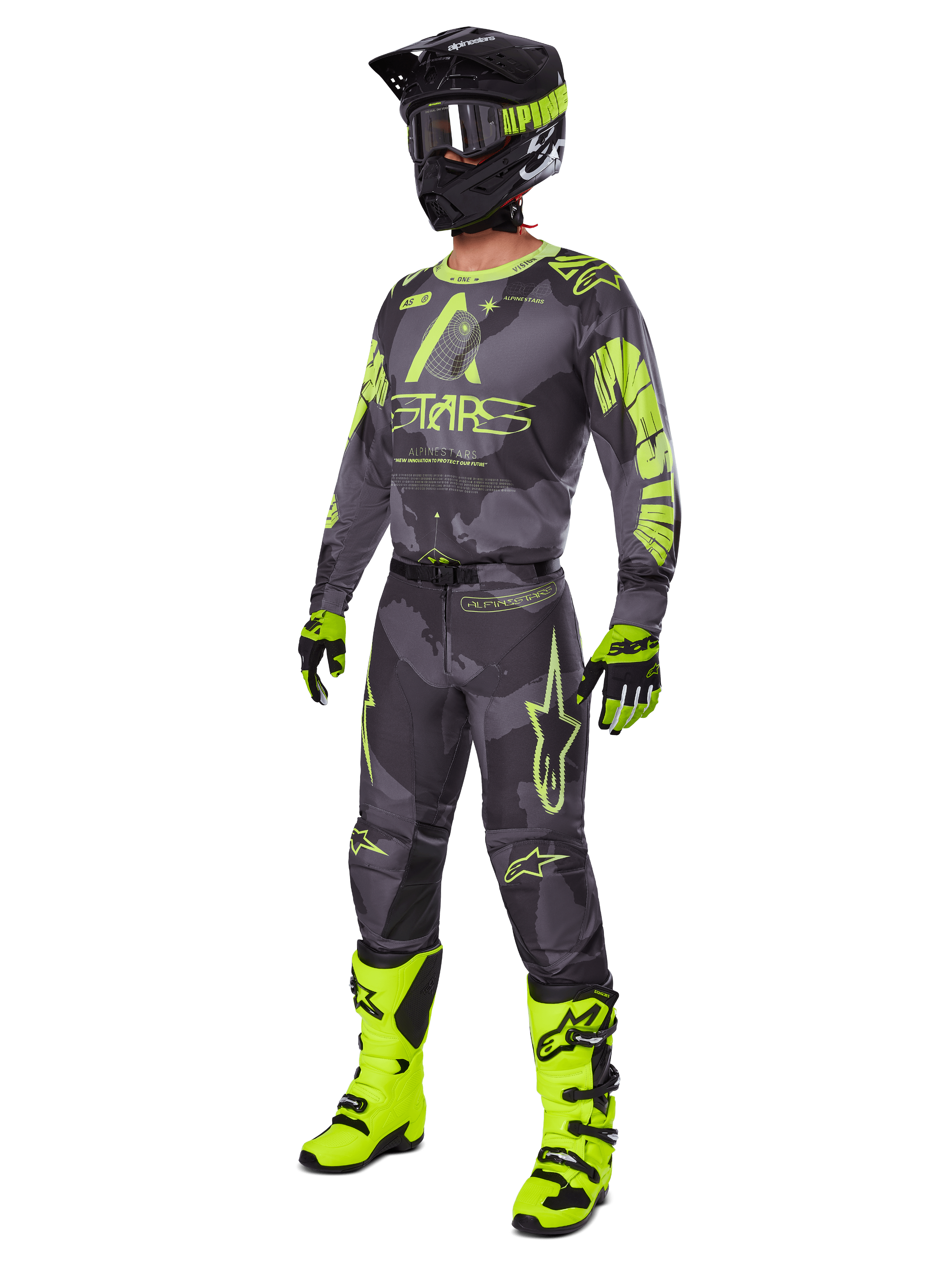 Alpinestars 2025 Racer Hollow Gear Set, equipamento completo de motocross, camuflado cinzento e amarelo néon, inclui camisola, calças, capacete preto e amarelo a condizer, óculos, luvas e botas amarelo brilhante, equipamento de corrida todo-o-terreno de alta performance