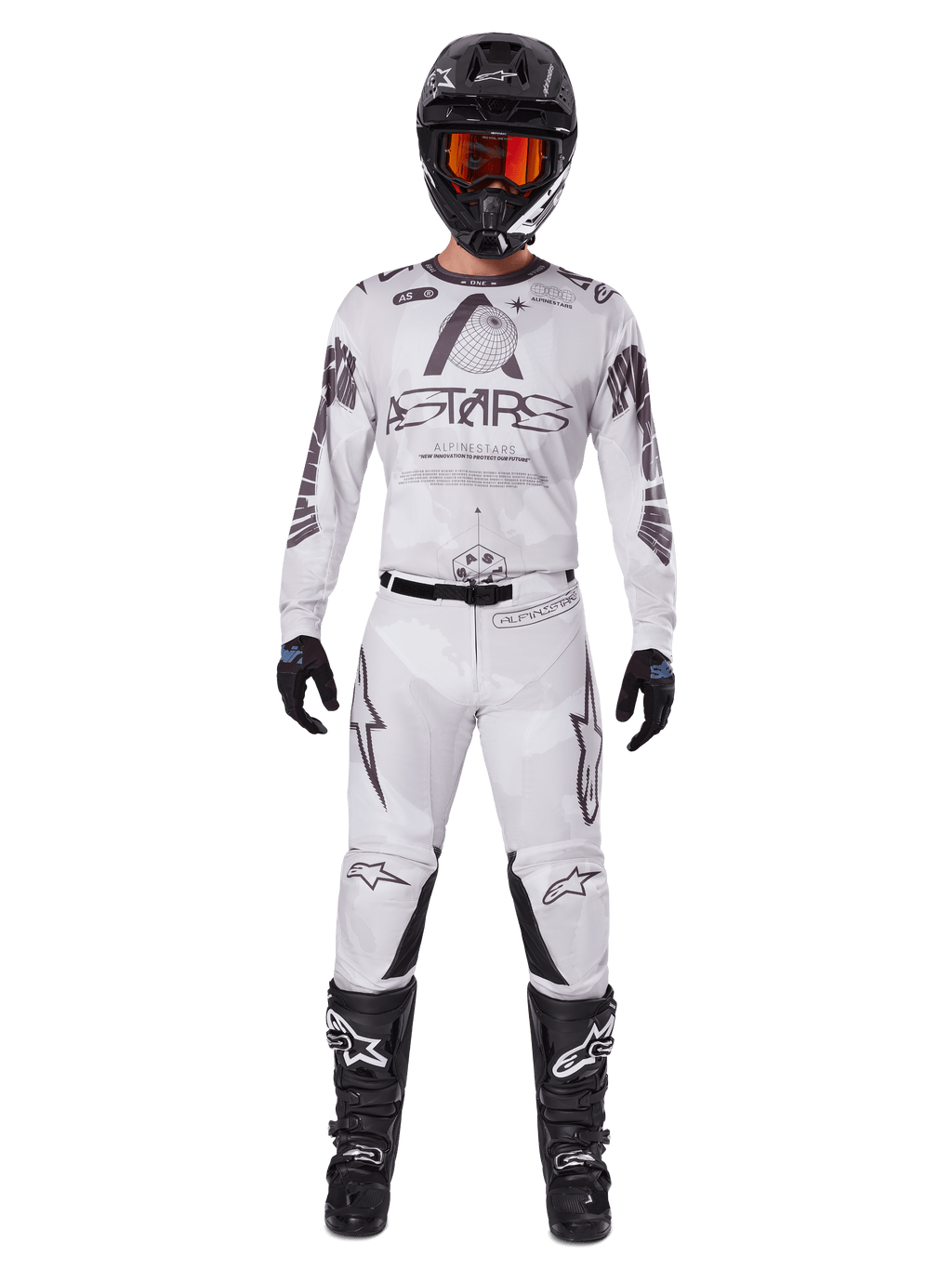 Alpinestars 2025 Racer Hollow Gear Set, White with black and grey graphics, full motocross racing outfit including jersey and pants, worn with black helmet, orange goggles, black gloves, and black boots, high-performance off-road apparel