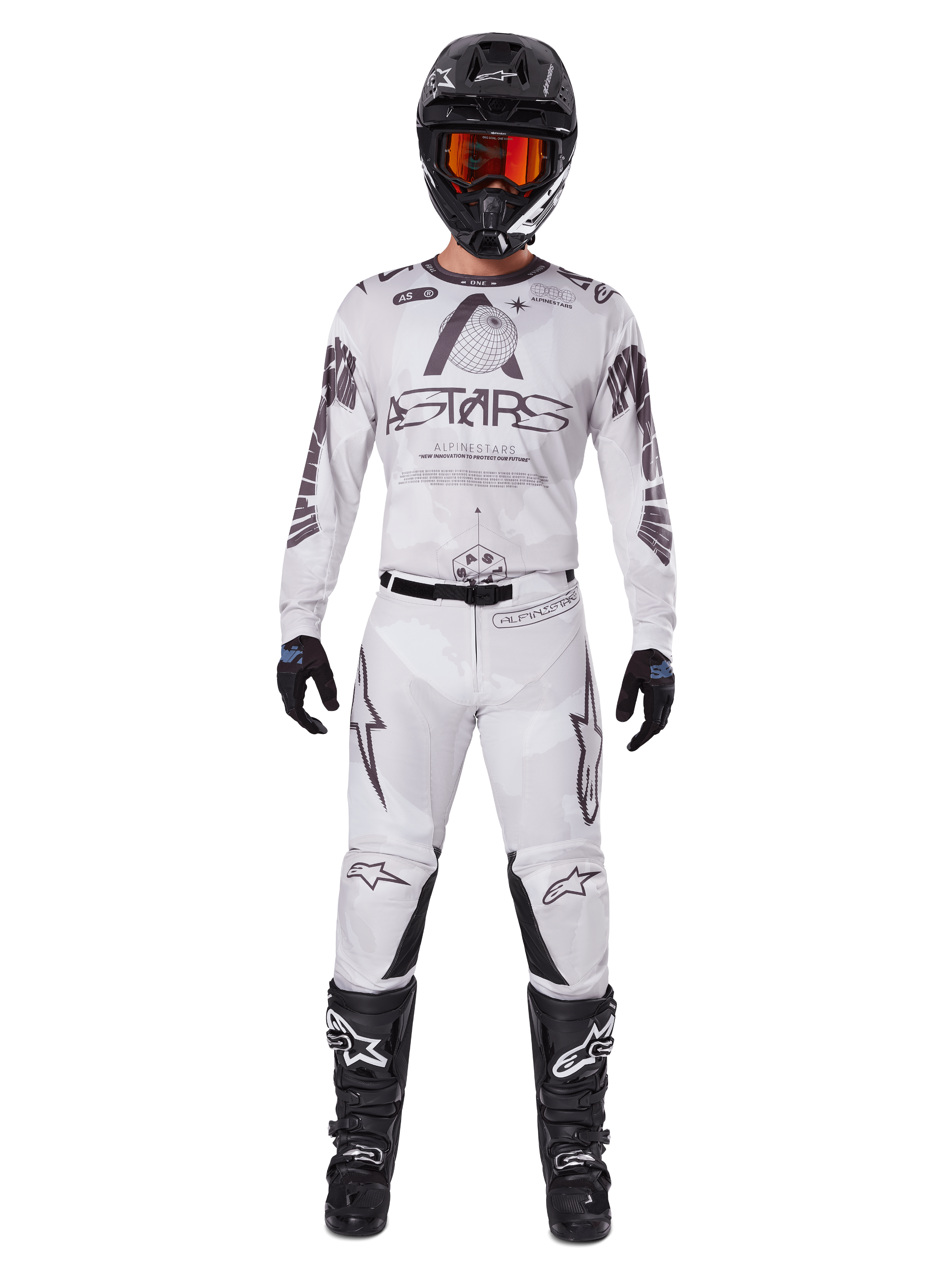 Alpinestars 2025 Racer Hollow Gear Set, White with black and grey graphics, full motocross racing outfit including jersey and pants, worn with black helmet, orange goggles, black gloves, and black boots, high-performance off-road apparel