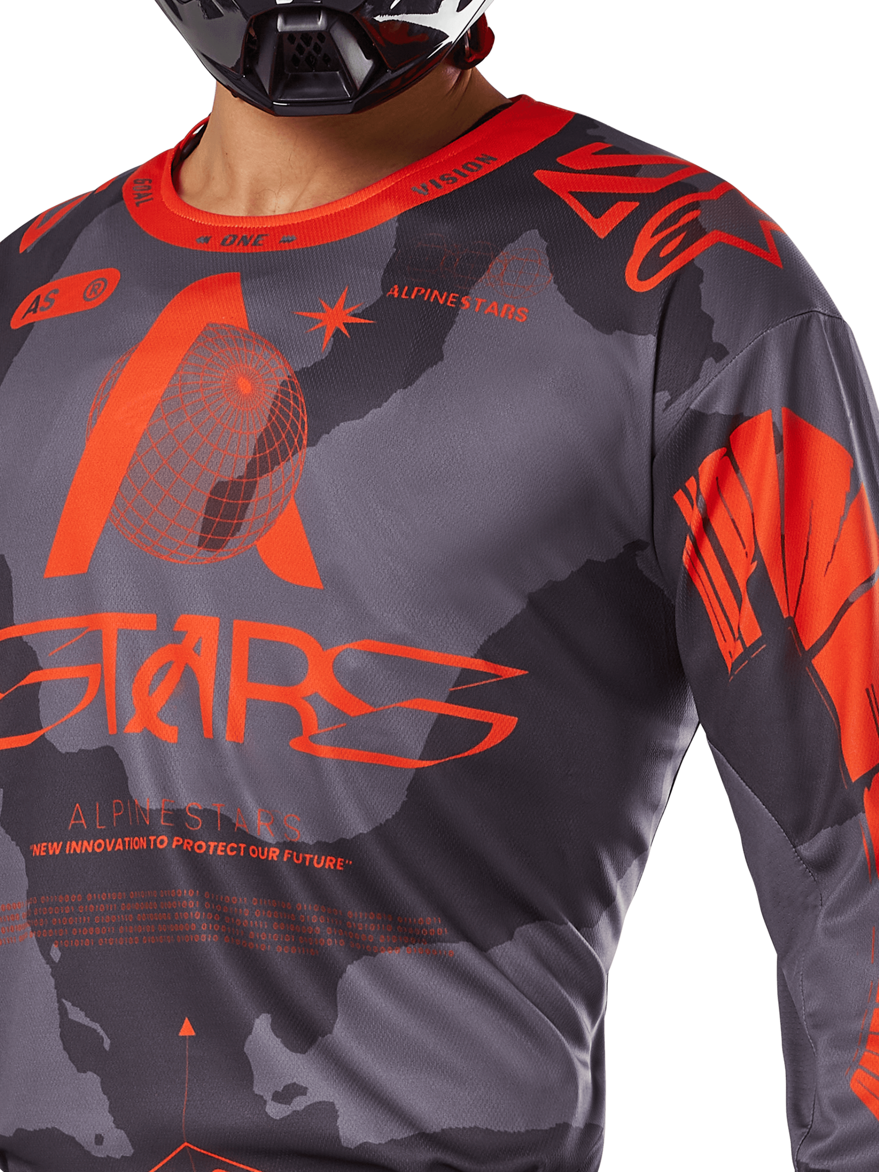 Alpinestars 2025 Racer Hollow Jersey, camisola de motocross, camuflado cinzento e laranja fluo, com logótipo Alpinestars grande em laranja e grafismos técnicos, gola redonda, concebida para condução off-road de alto desempenho